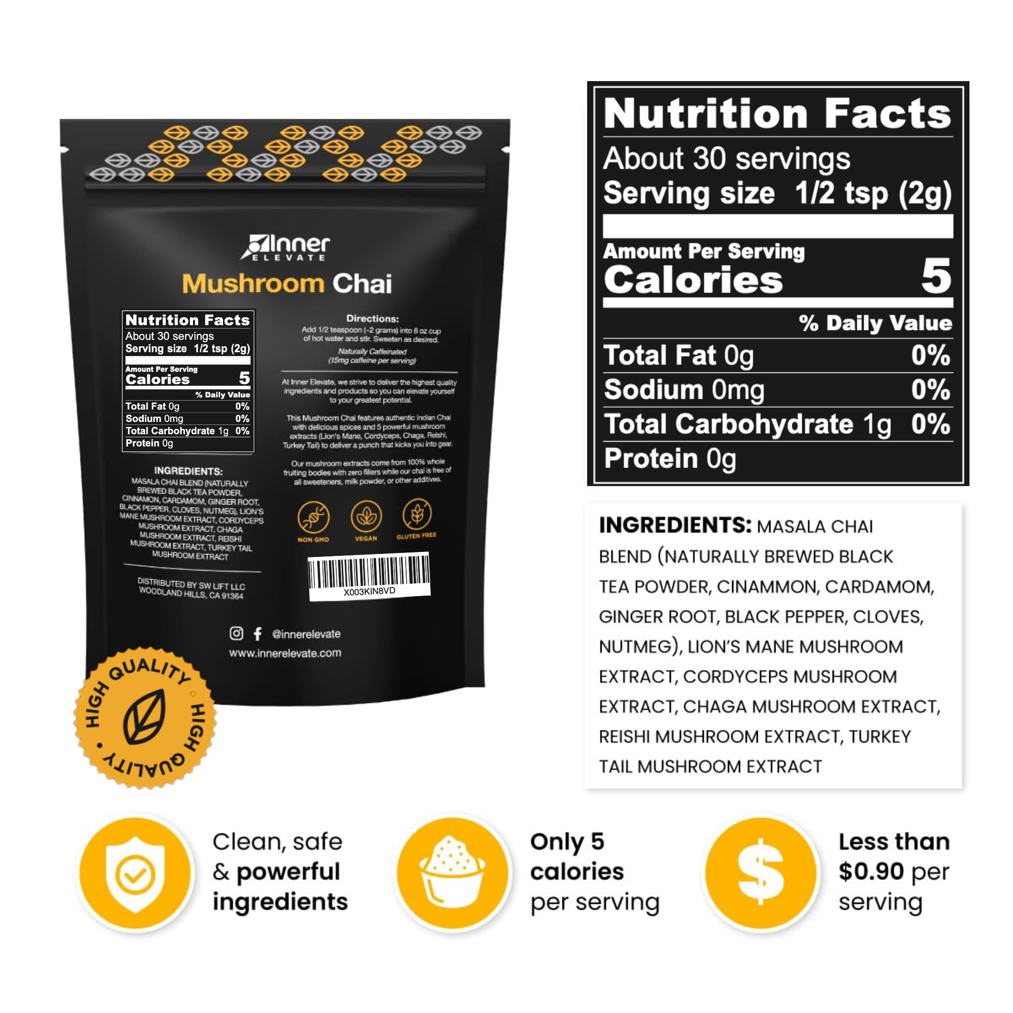 Inner support Mushroom Chai Supplement 68g side view showing nutritional information