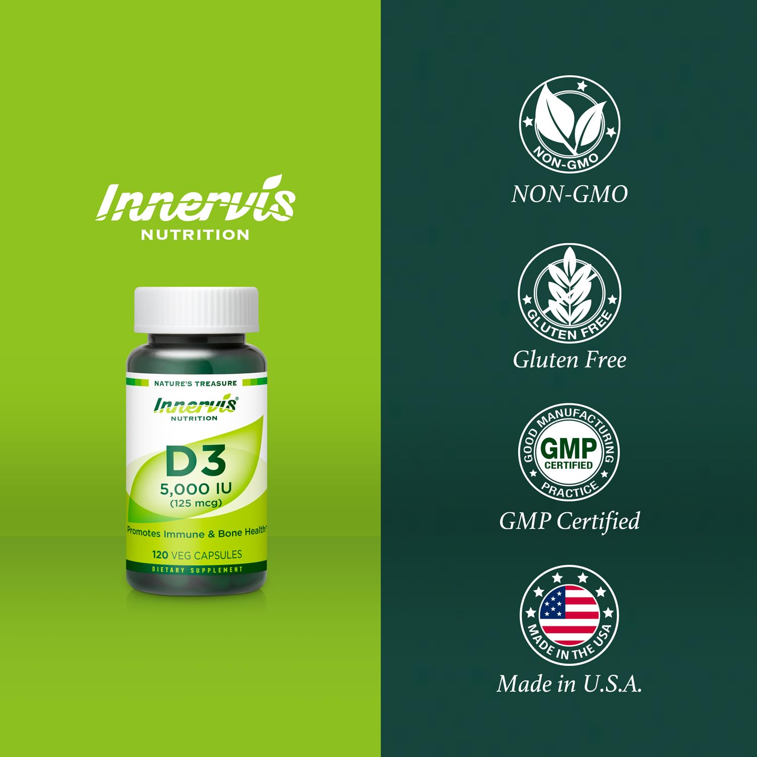 INNERVISNUTRITION Vitamin D3 5000 IU supplement capsules on a table