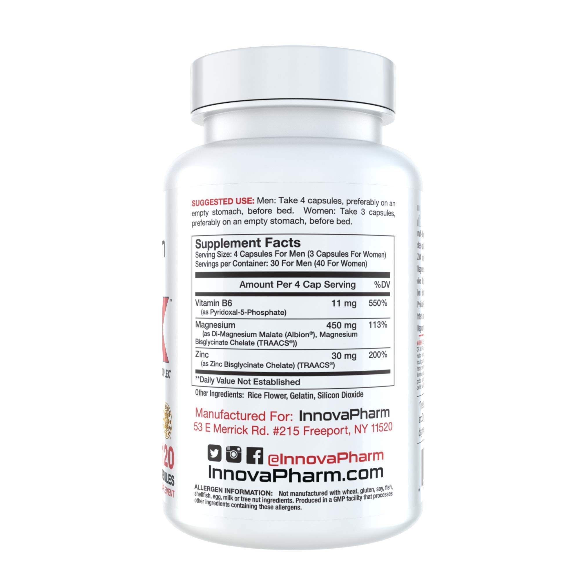 InnovaPharm ZMX Zinc Magnesium Complex side view showing ingredients
