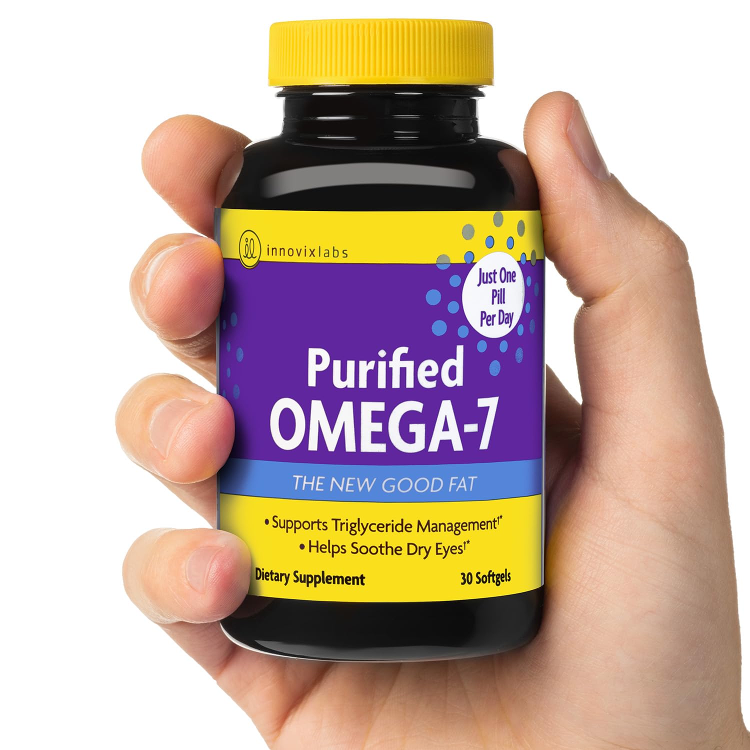 InnovixLabs Purified Omega-7 Softgels lifestyle scene with healthy foods