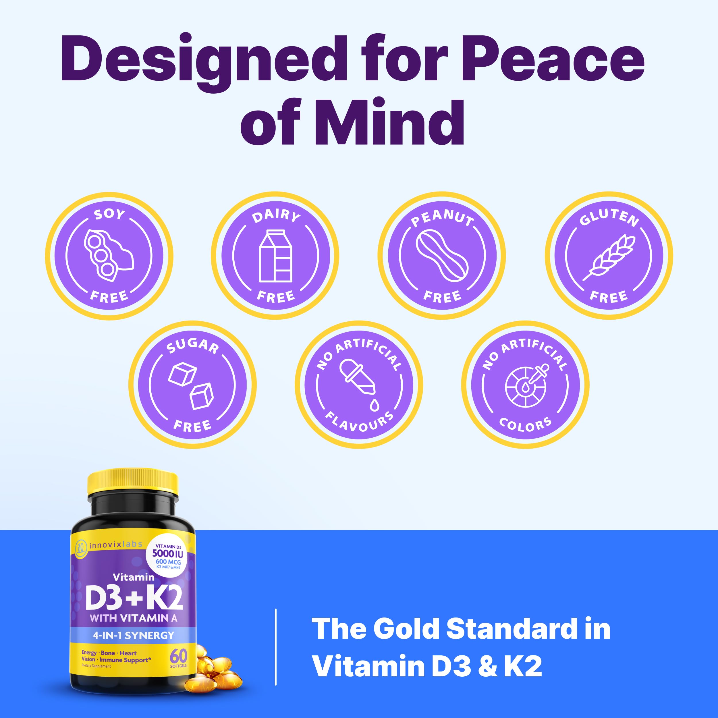 InnovixLabs Vitamin D3 K2 A Capsules on a wooden table