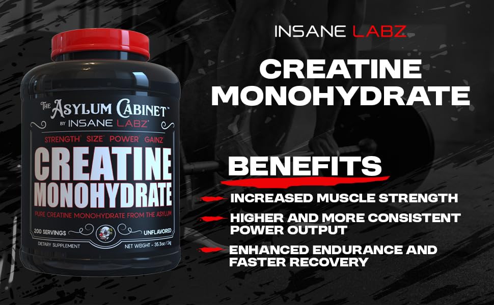 Insane Labz Creatine Monohydrate 553g displayed with other supplements