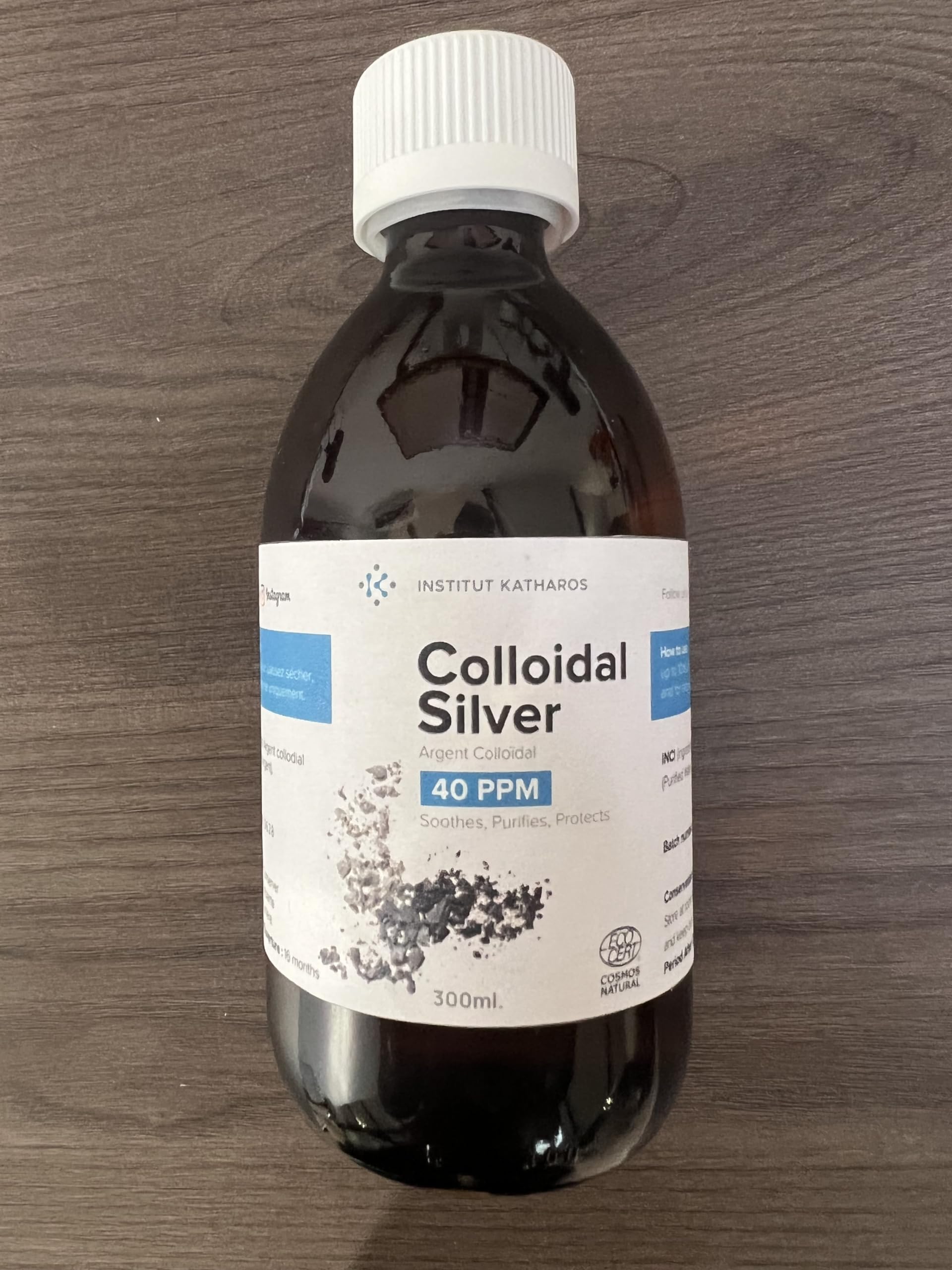 Institut Katharos Colloidal Silver 40 PPM 5g bottle with ingredients listed