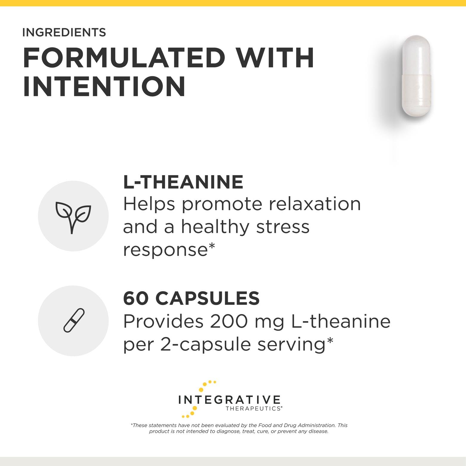 Integrative Therapeutics L-Theanine capsules on a wooden surface