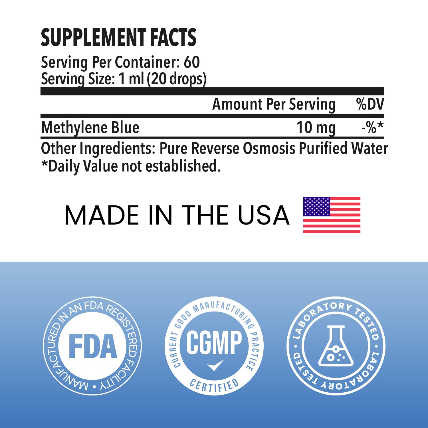 Integrity Vitamins Methylene Blue Drops bottle with measurement dropper