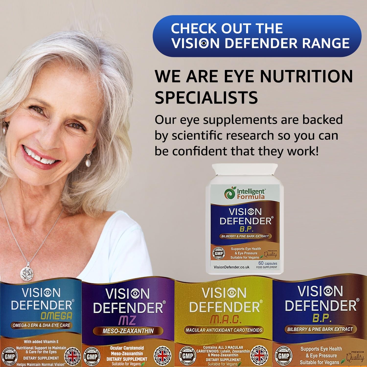 Intelligent Formula Vision Defender BP Bilberry Capsules with a glass of water