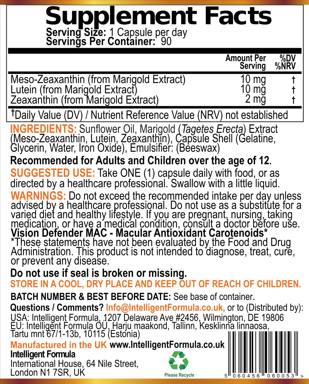 Intelligent Formula Vision Defender MAC Lutein Supplement ingredients list