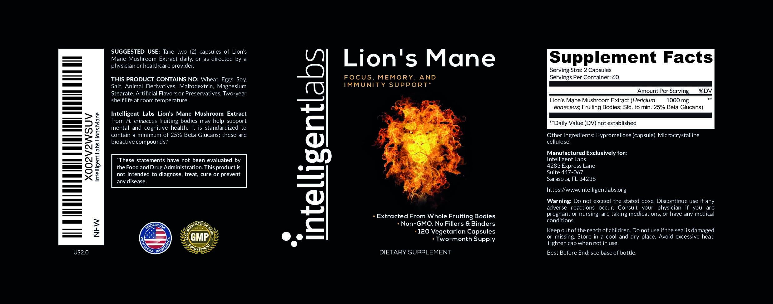 Intelligent Labs Lion’s Mane Mushroom Extract 120 Capsules with a measuring spoon