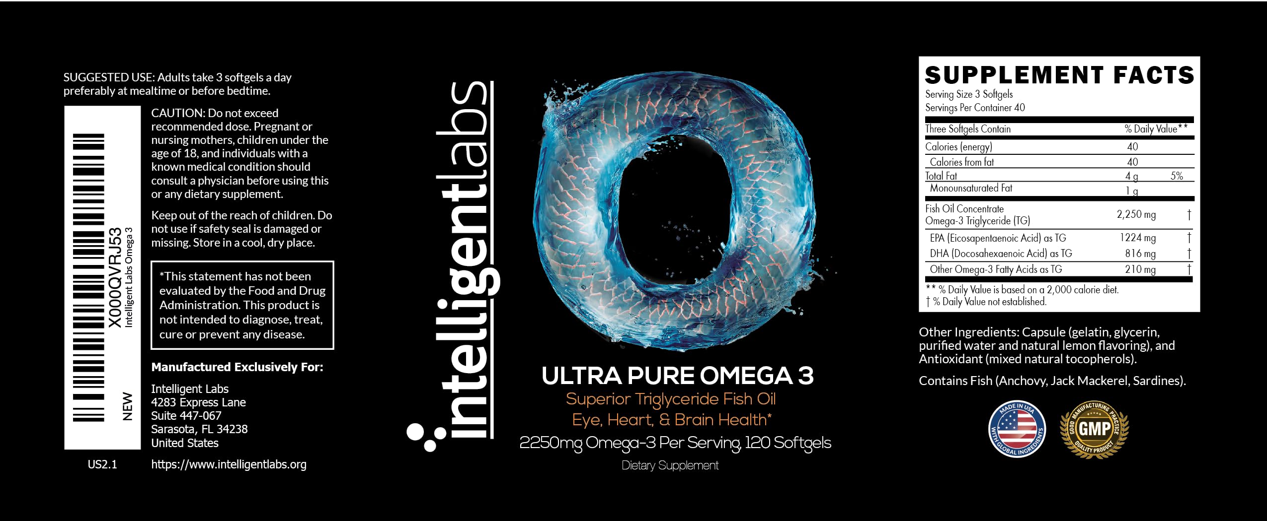 Intelligent Labs Omega 3 Fish Oil 2250mg bottle with measuring spoon