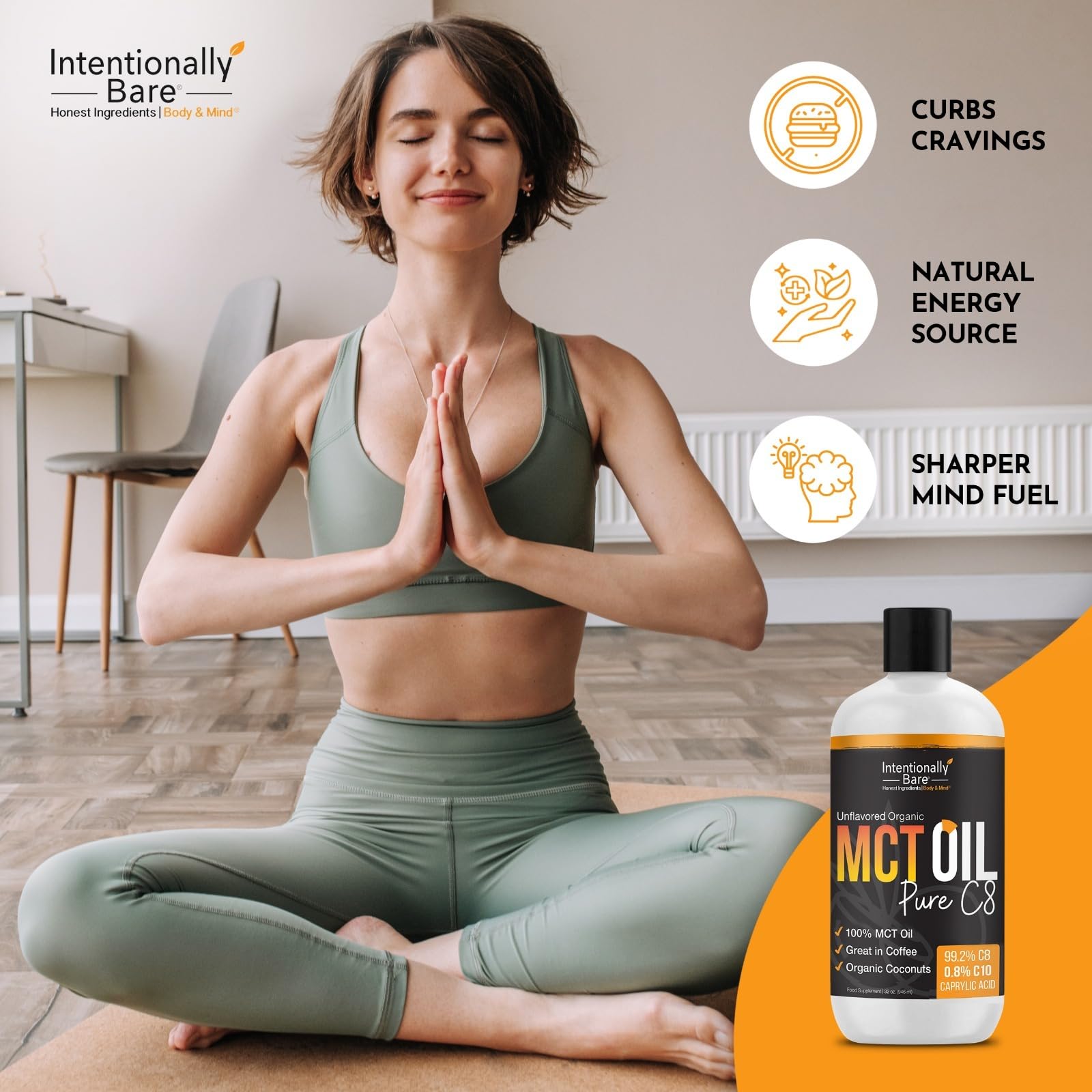 Intentionally Bare MCT Oil C8 467g pouring into a smoothie