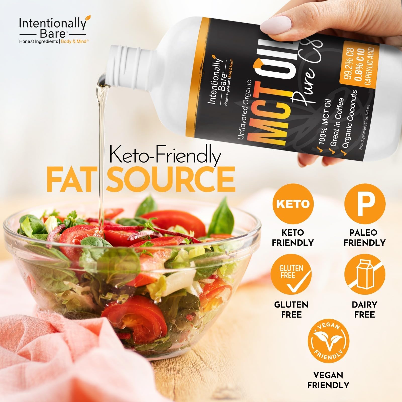 Intentionally Bare MCT Oil C8 467g with coconut background