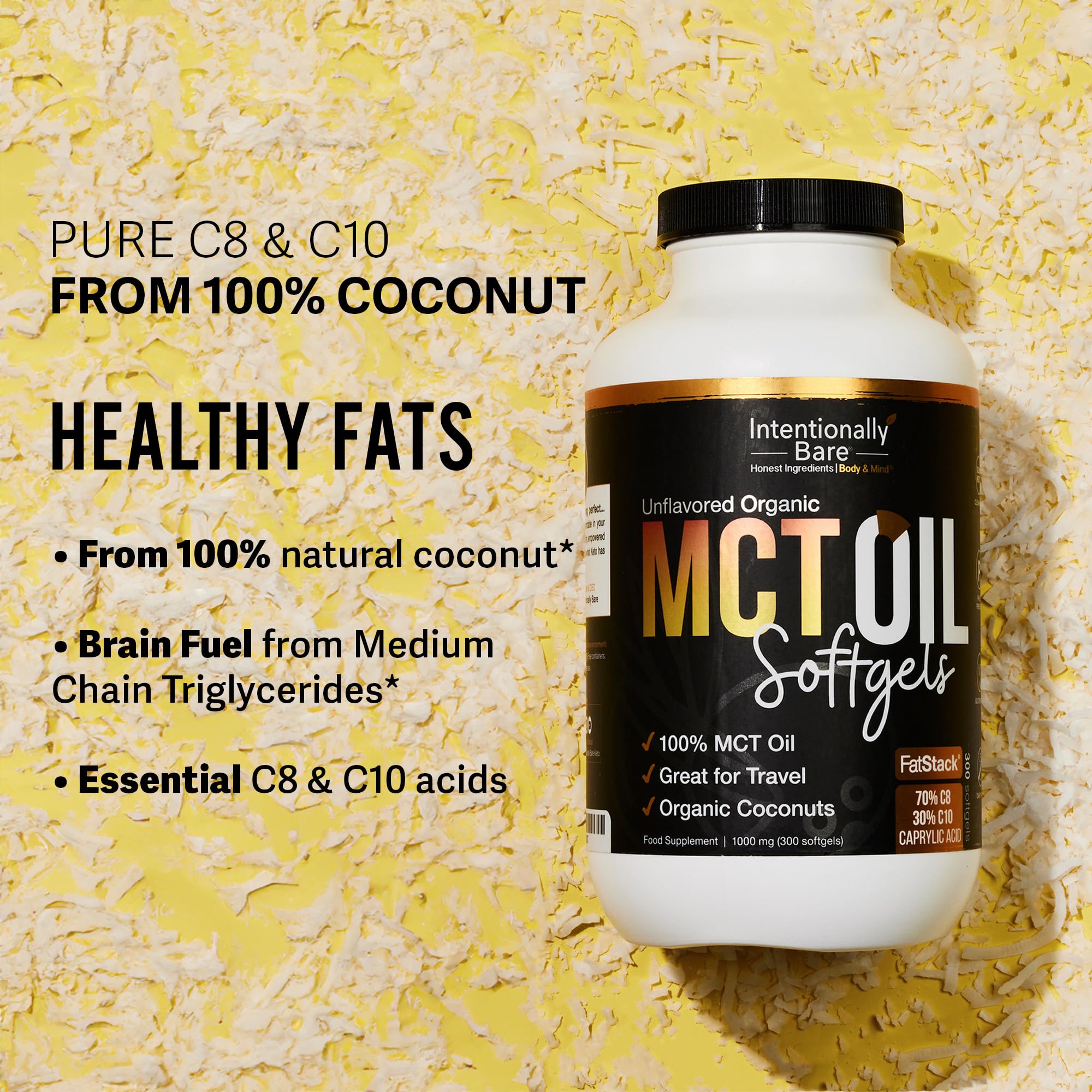 Intentionally Bare MCT Oil Capsules 70% C8 30% C10 softgel close-up