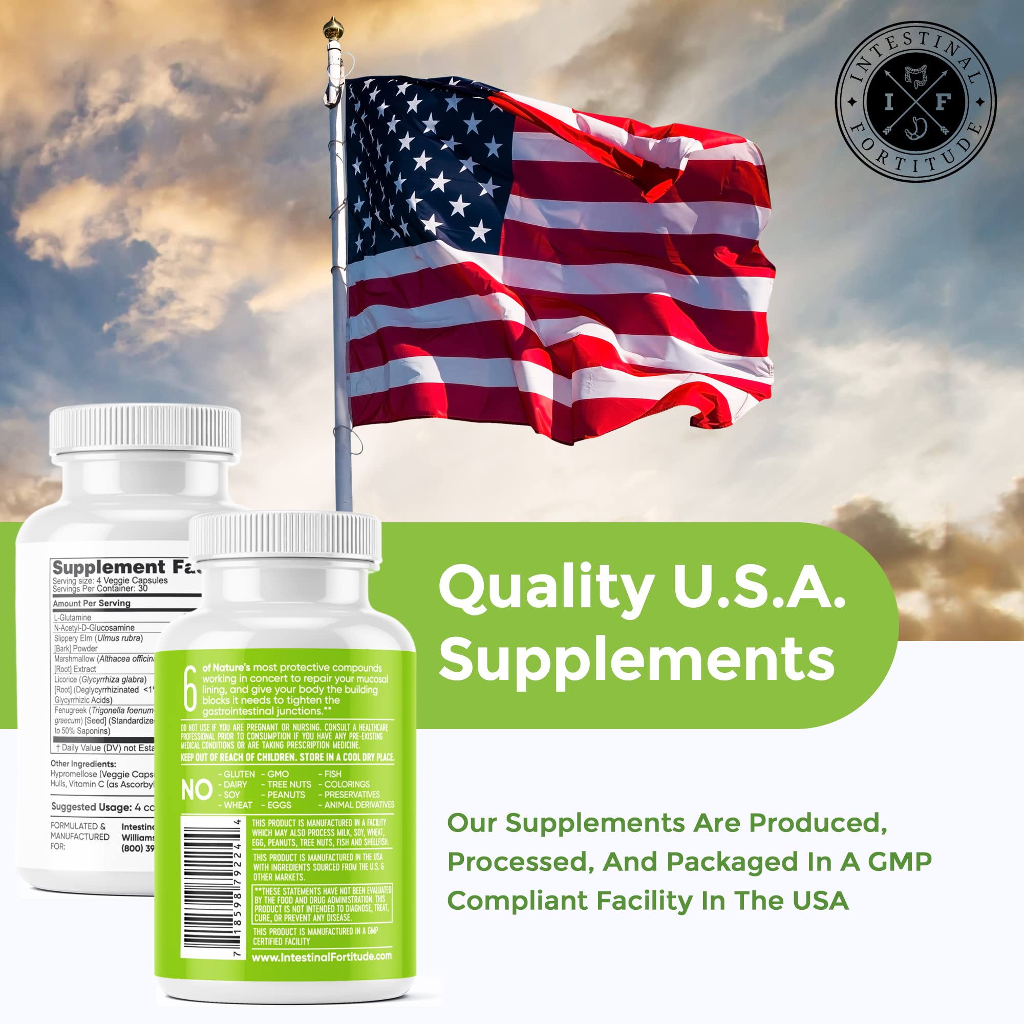 Intestinal Fortitude L-Glutamine supplement next to a glass of water