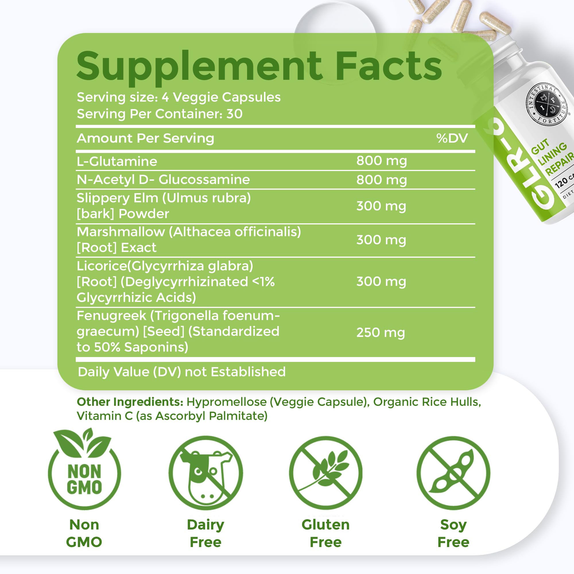 Intestinal Fortitude L-Glutamine supplement side view showing capsule format