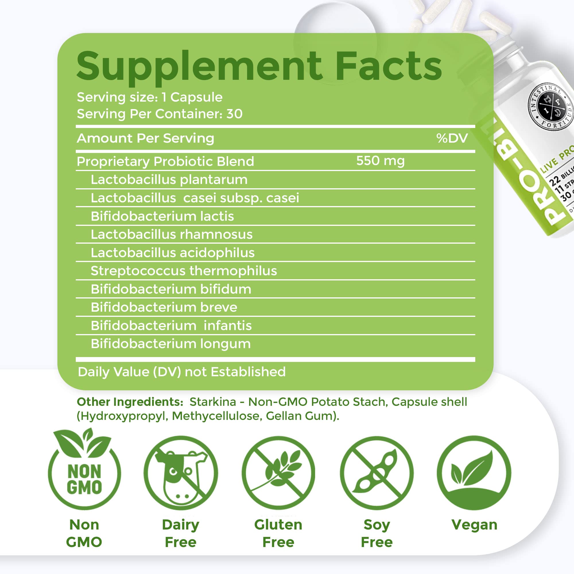 Intestinal Fortitude Probiotic Capsules side view showing capsule details