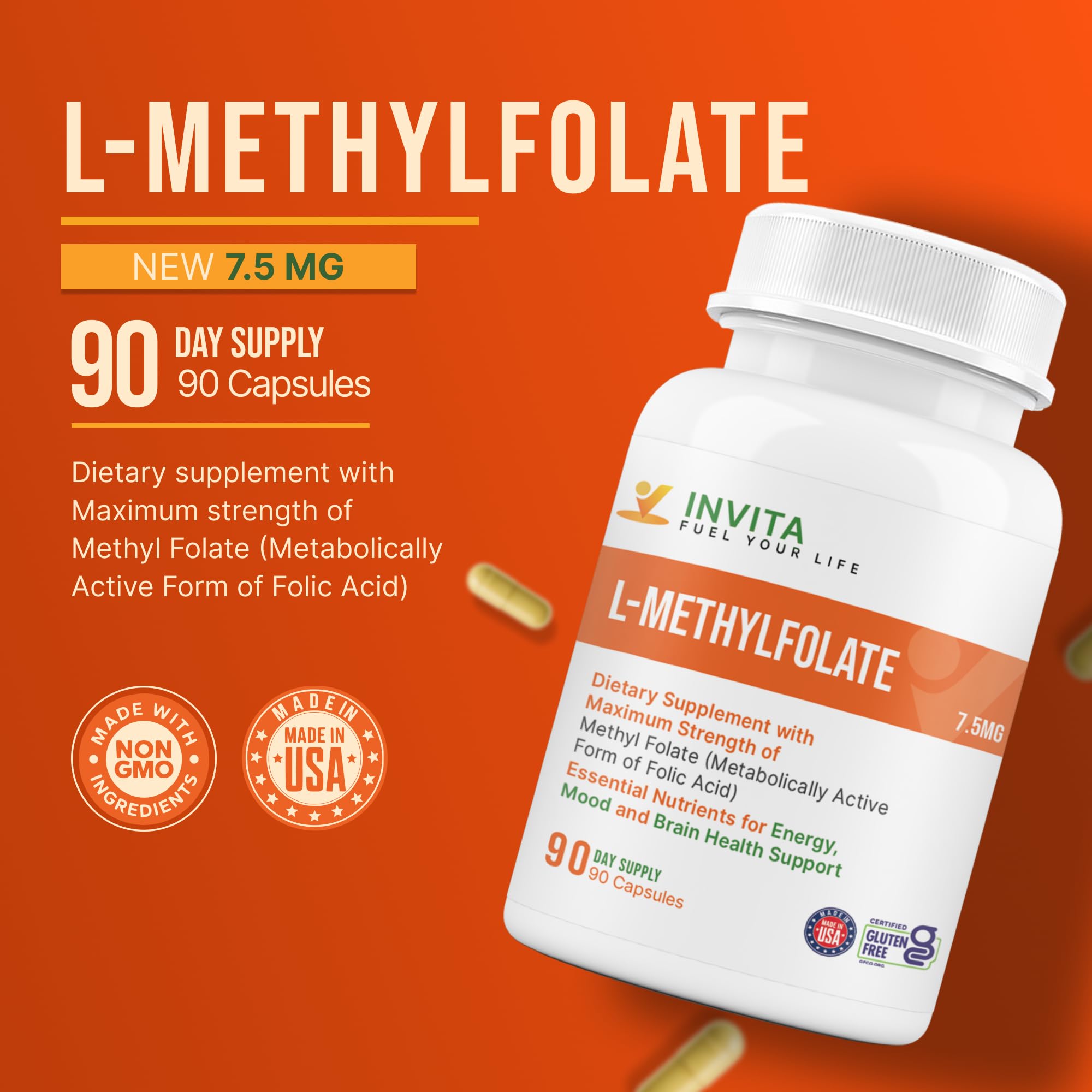 INVITA L-Methylfolate 7.5mg capsules on a white background