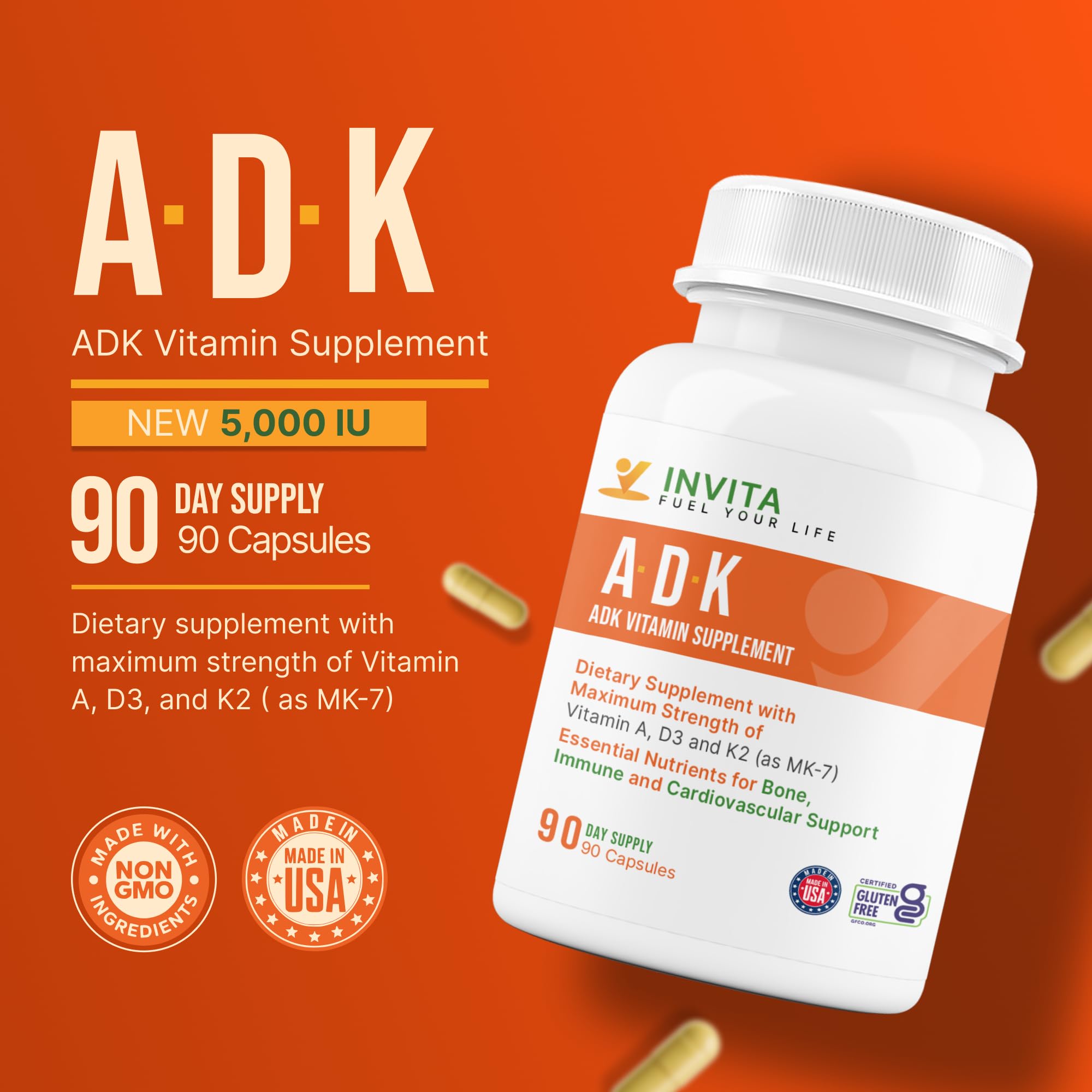 INVITA Vitamin ADK Supplement capsules on a table