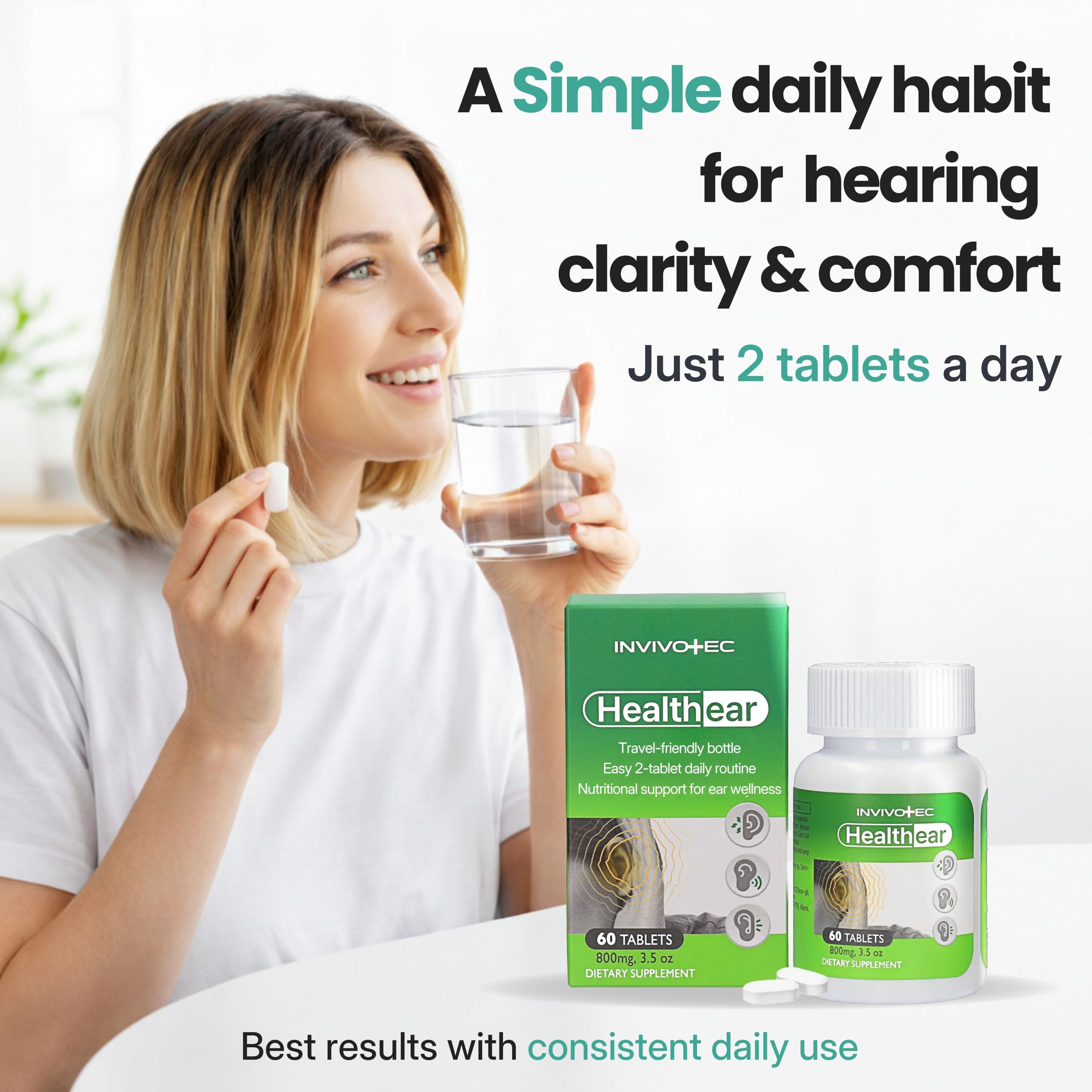invivotec Daily Hearing Support Bioflavonoids tablet on a spoon