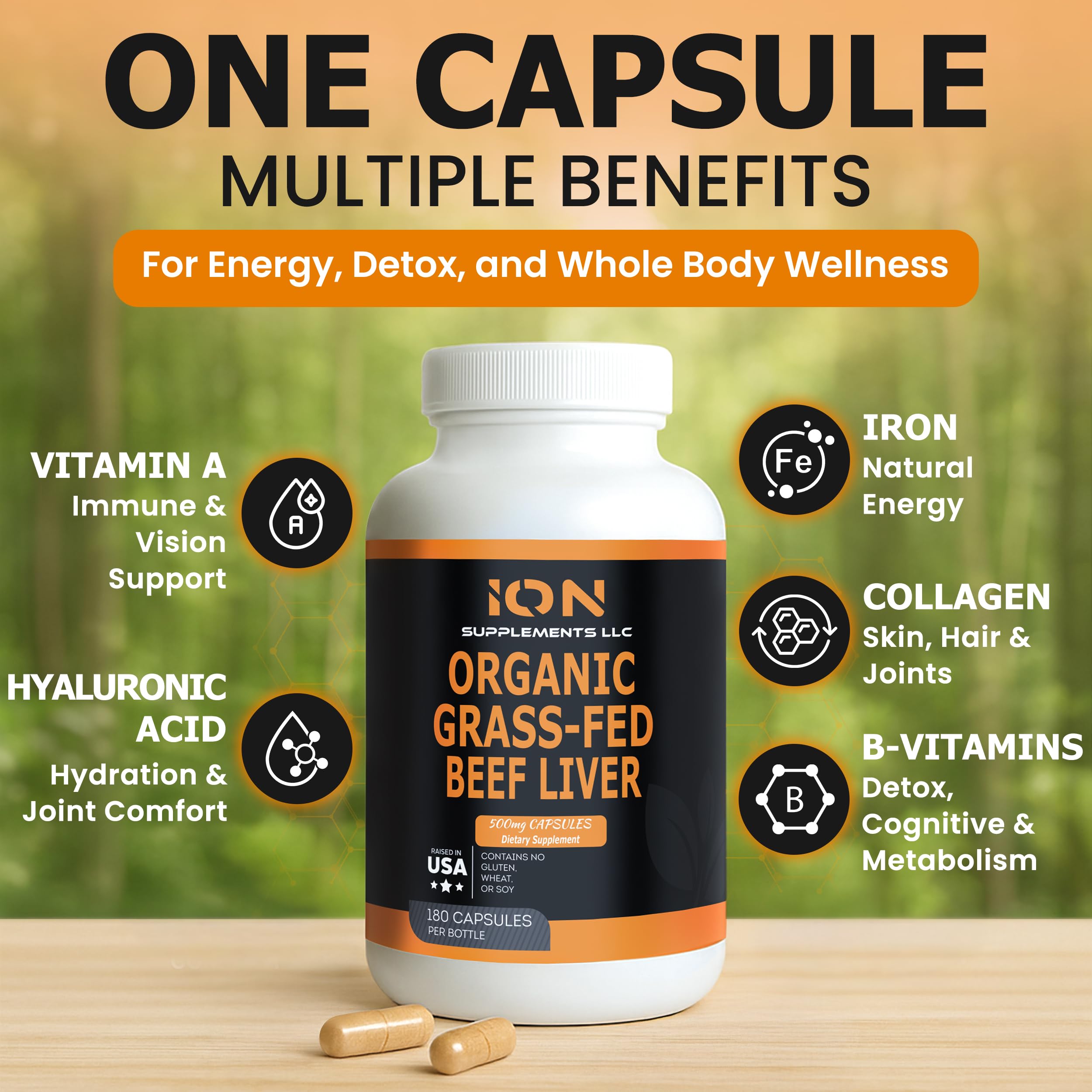 Ion Supplements Beef Liver Extract Capsules close-up of capsules