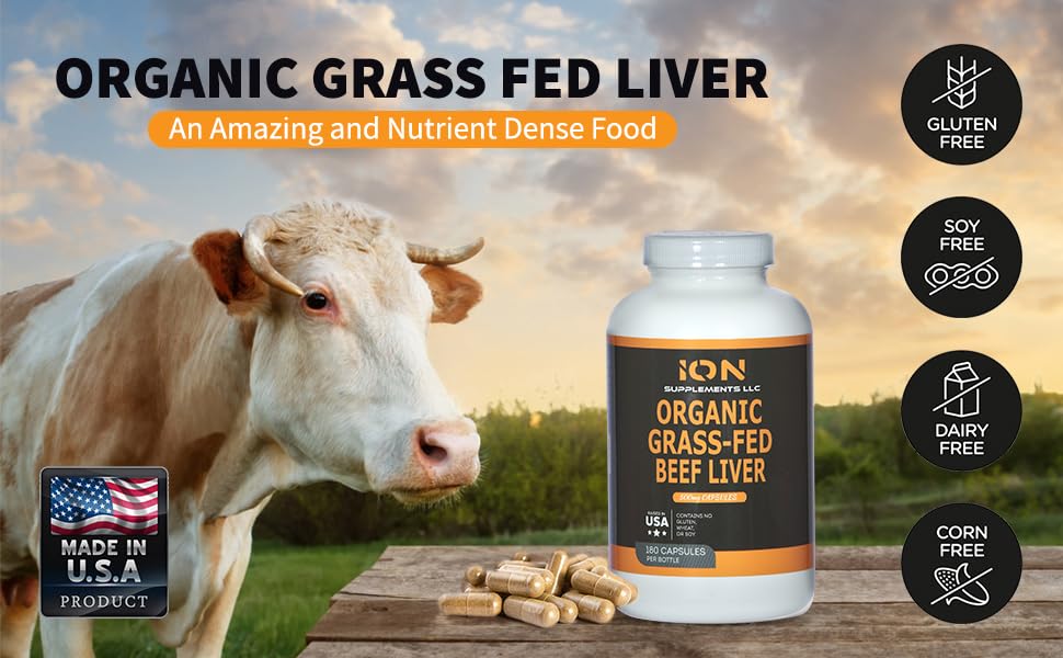 Ion Supplements Beef Liver Extract Capsules displayed with fresh herbs