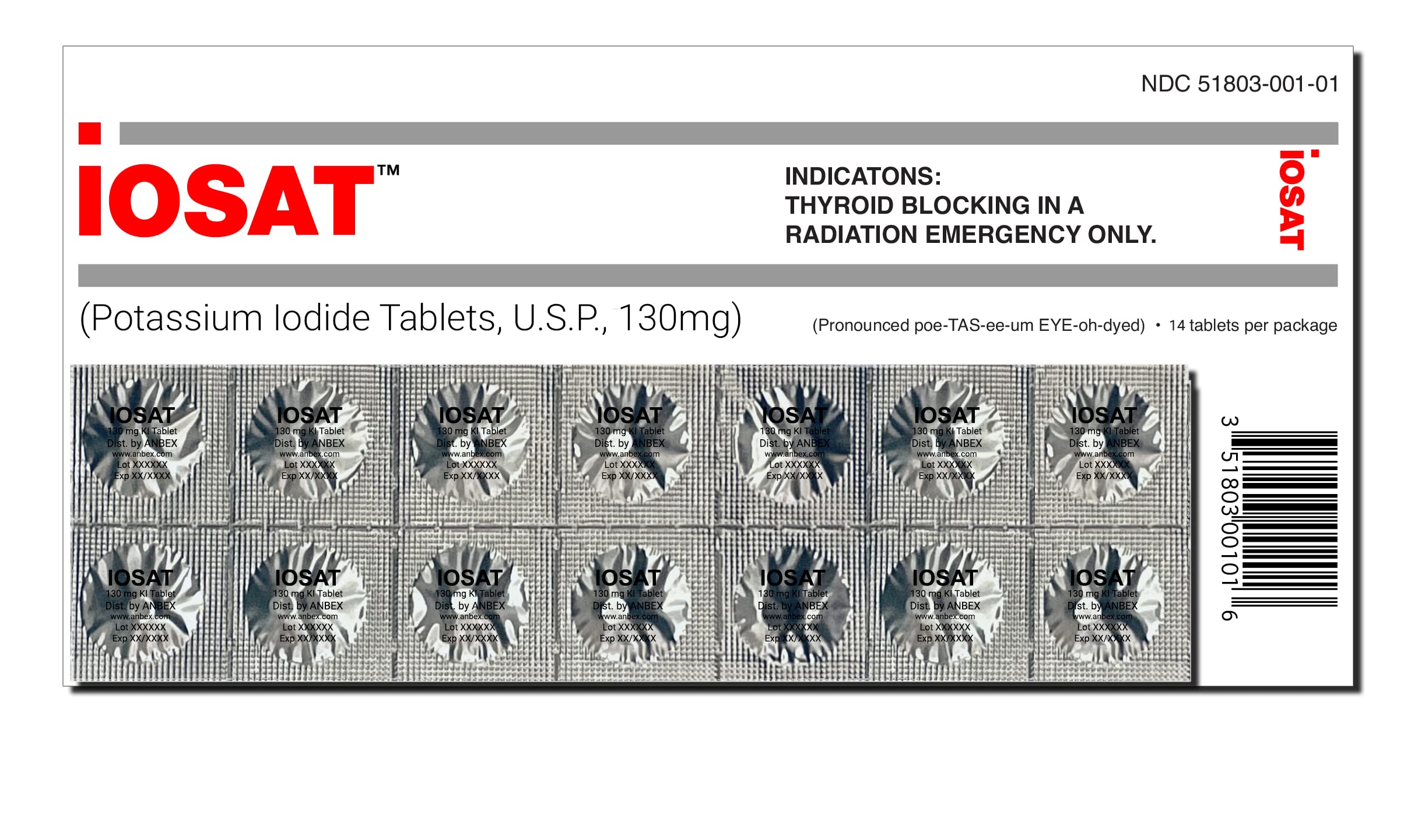 IOSAT Potassium Iodide Tablets 130mg packaging details