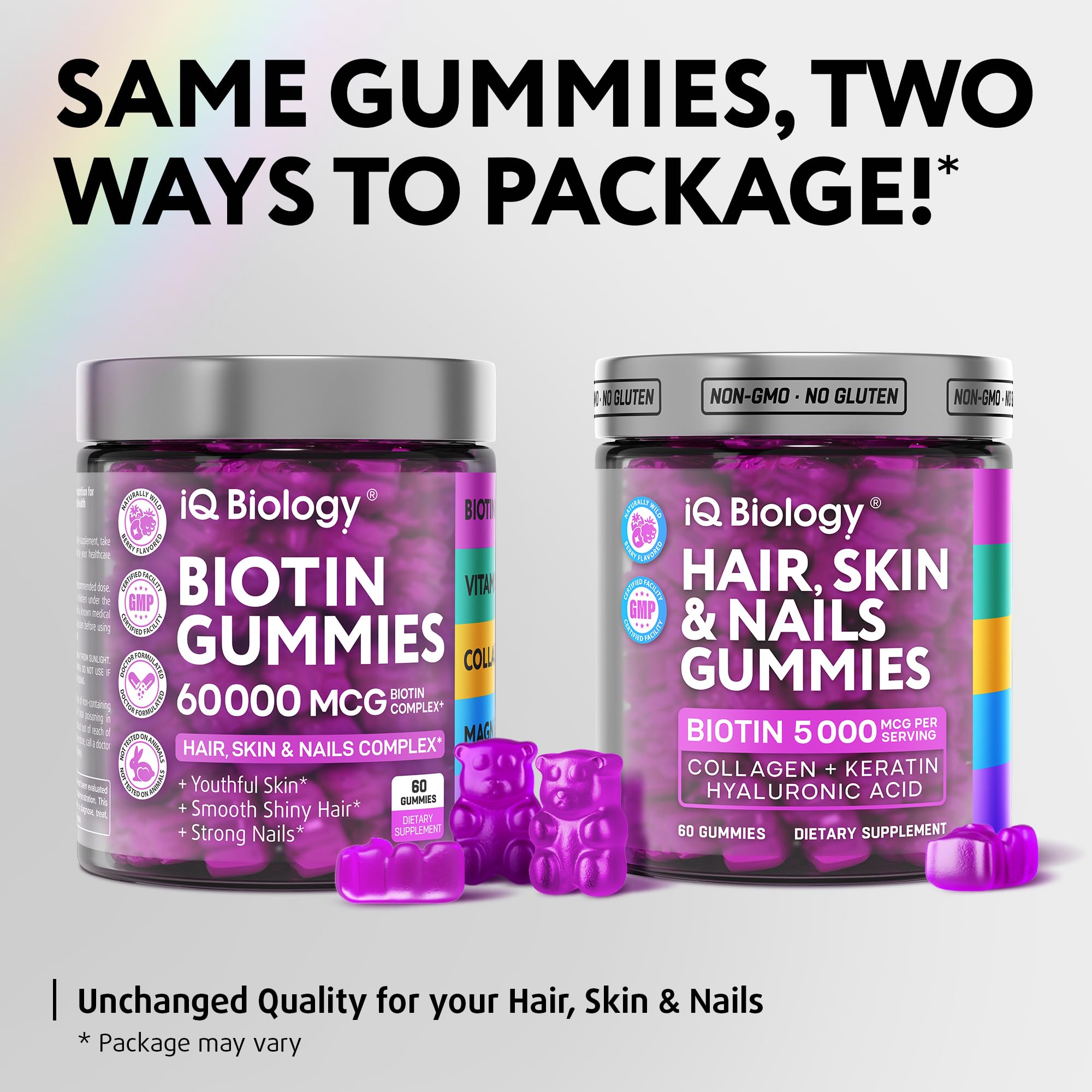IQ BIOLOGY Hair Growth Gummies side view with ingredients
