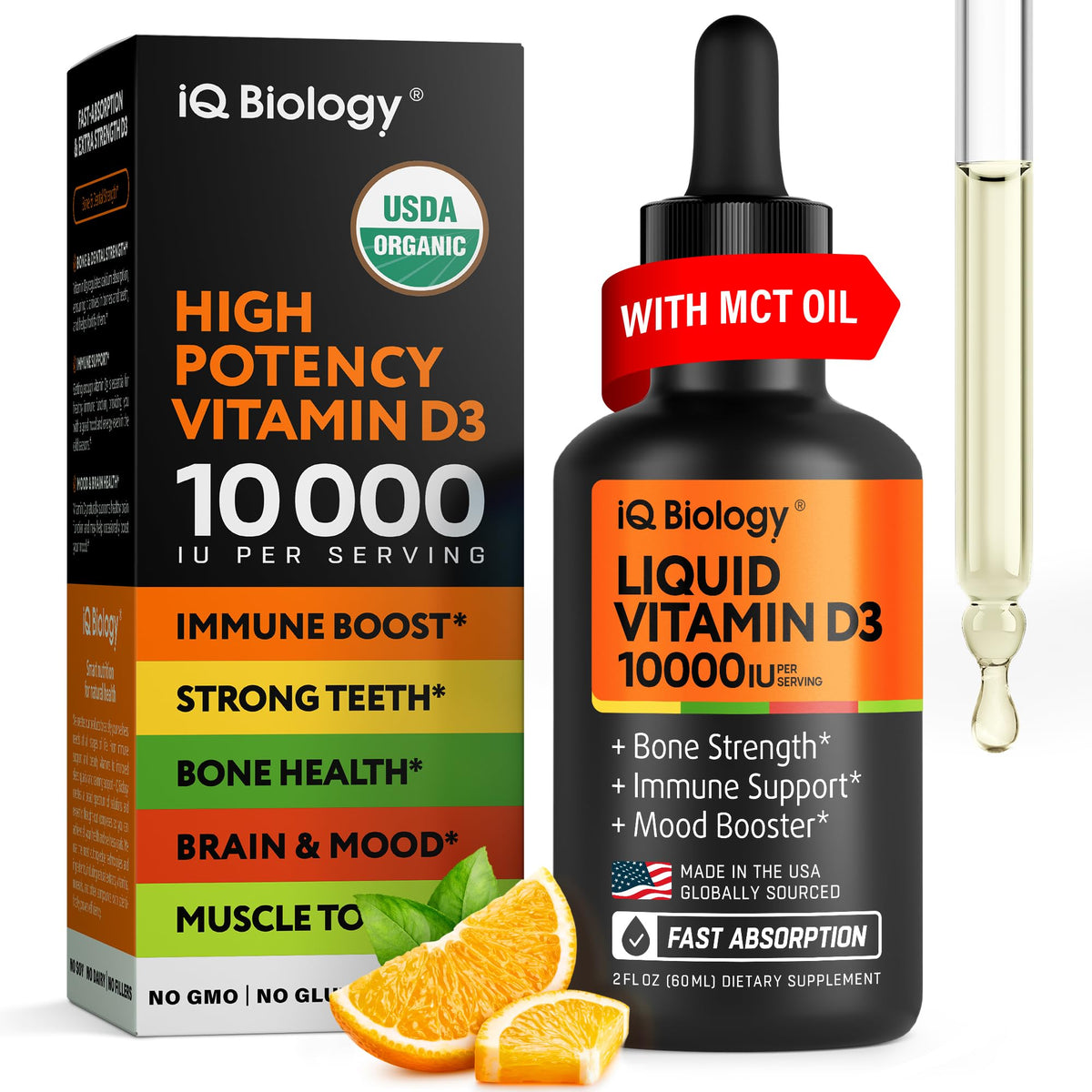 IQ BIOLOGY Liquid Vitamin D3 10000 IU front view with dropper