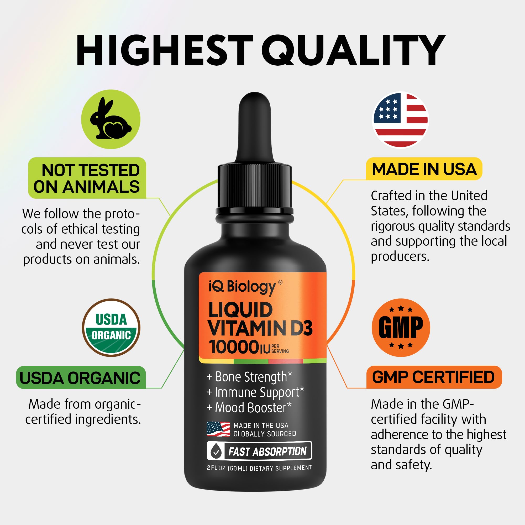 IQ BIOLOGY Liquid Vitamin D3 10000 IU packaging on a kitchen counter