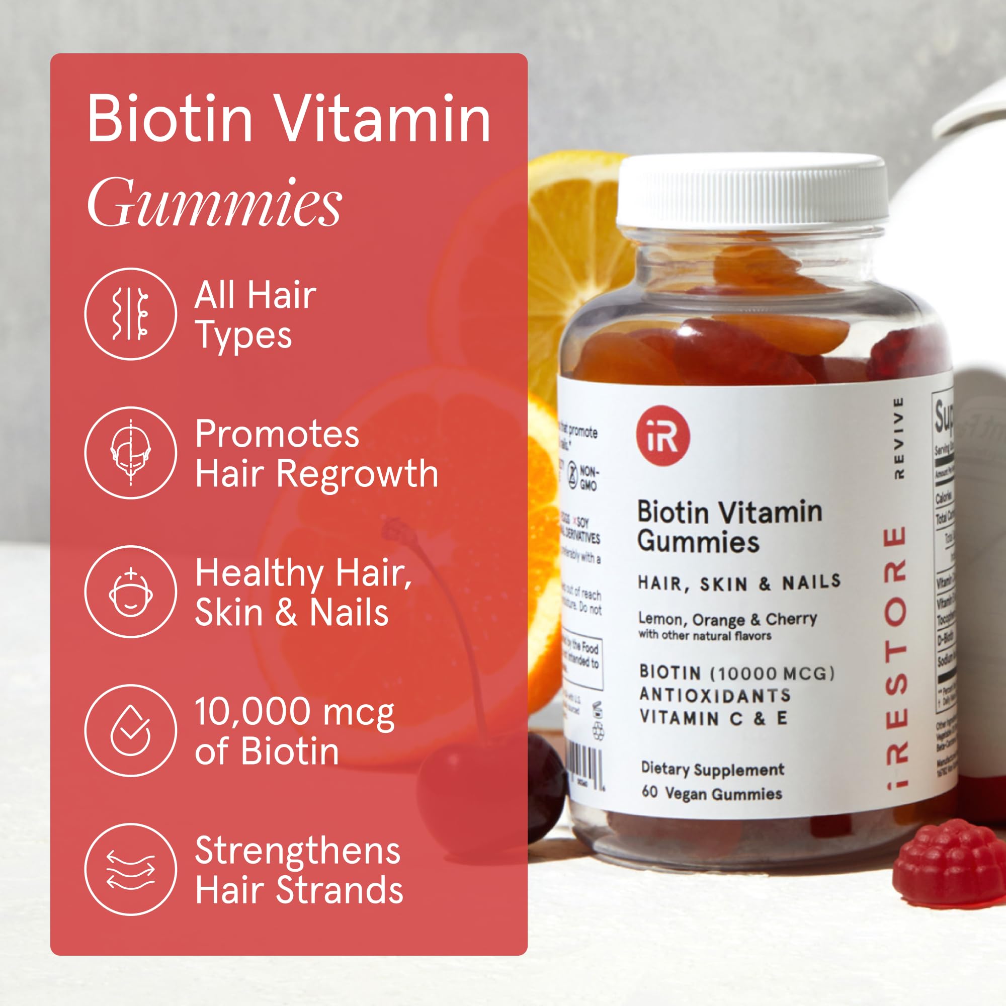 iRestore Biotin Gummies on a wooden table with lifestyle setting