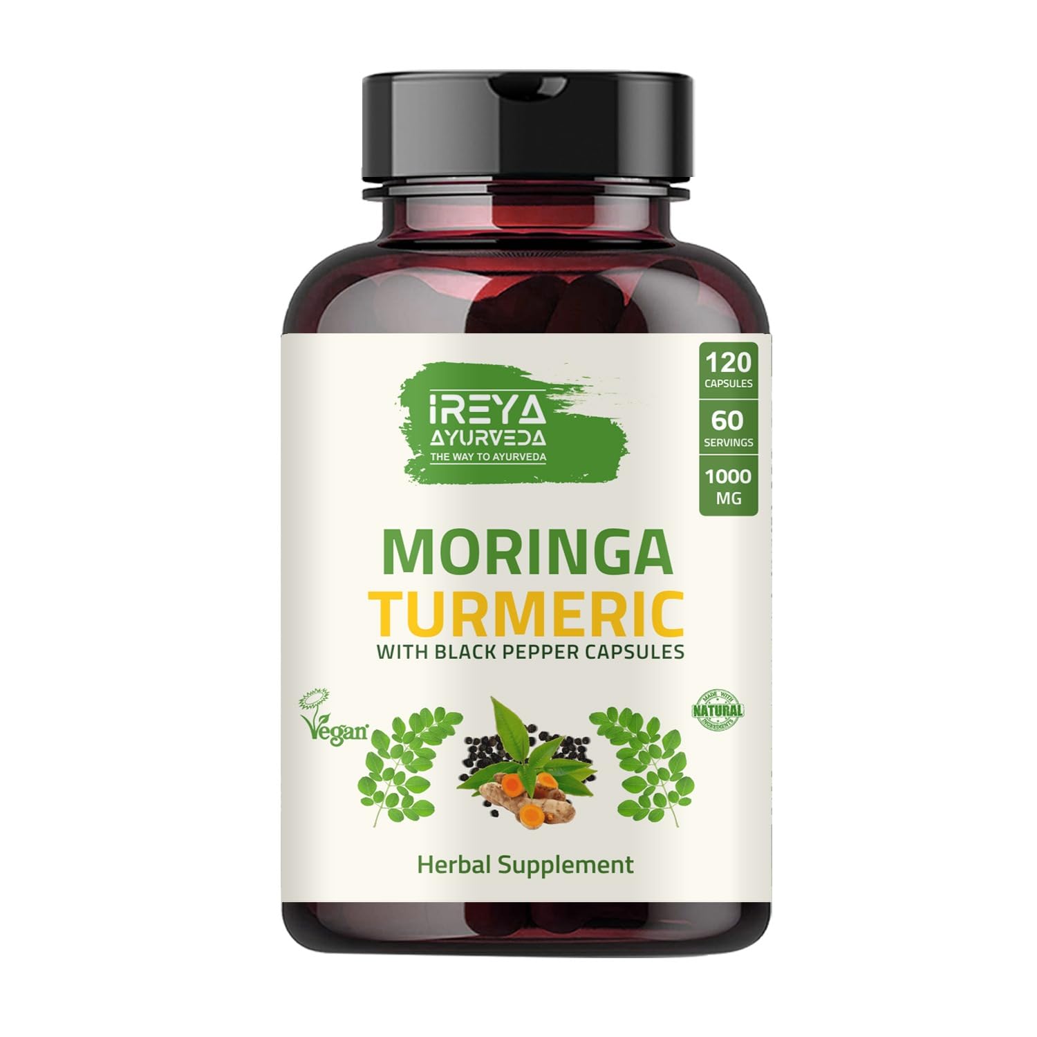 Ireya Ayurveda Organic Moringa & Turmeric Capsules front view