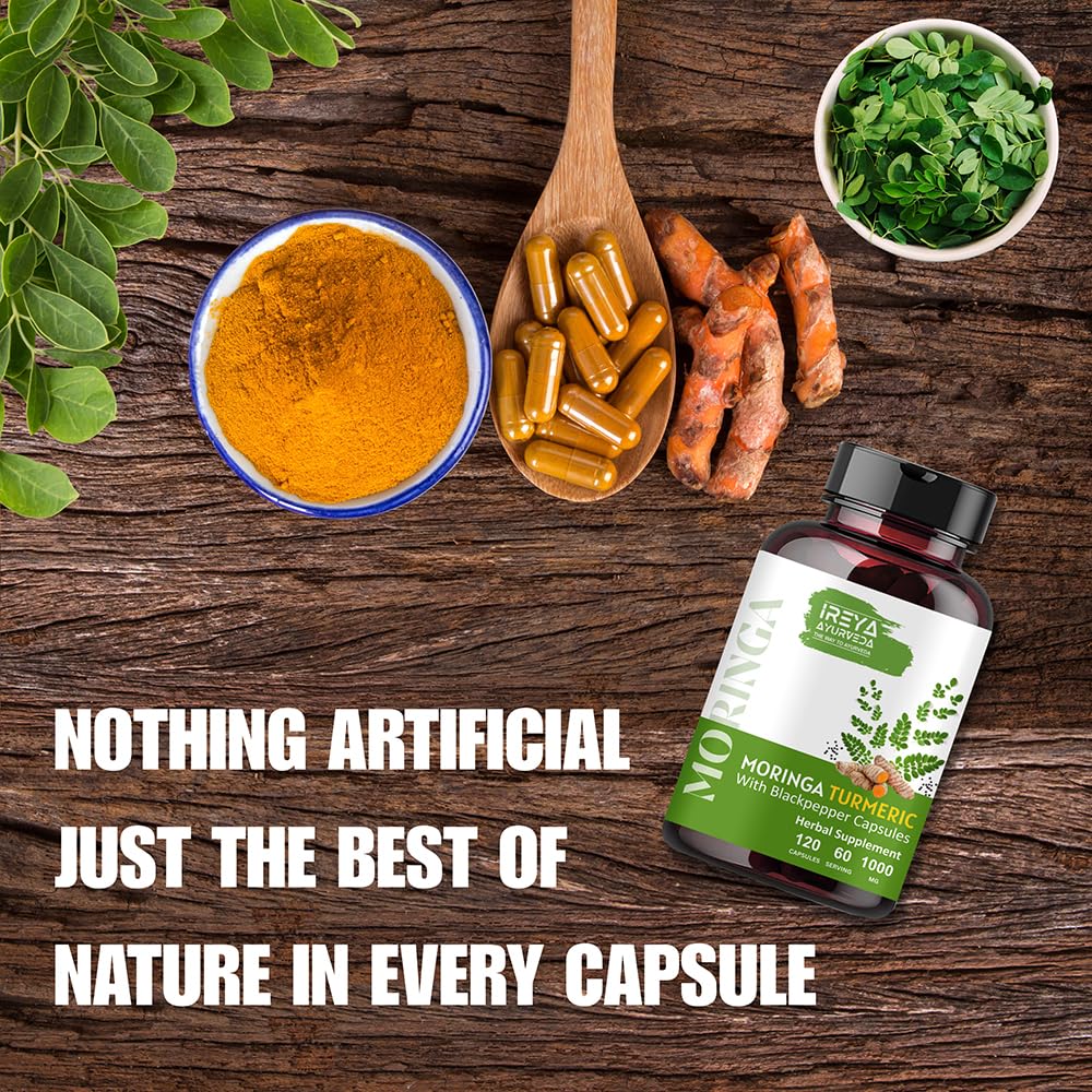 Ireya Ayurveda Organic Moringa & Turmeric Capsules opened bottle