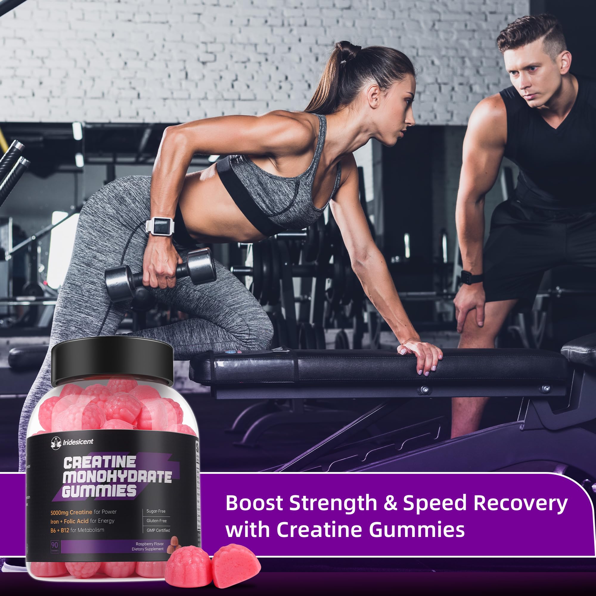 IRIDESICENT Creatine Gummies bottle with a gym background