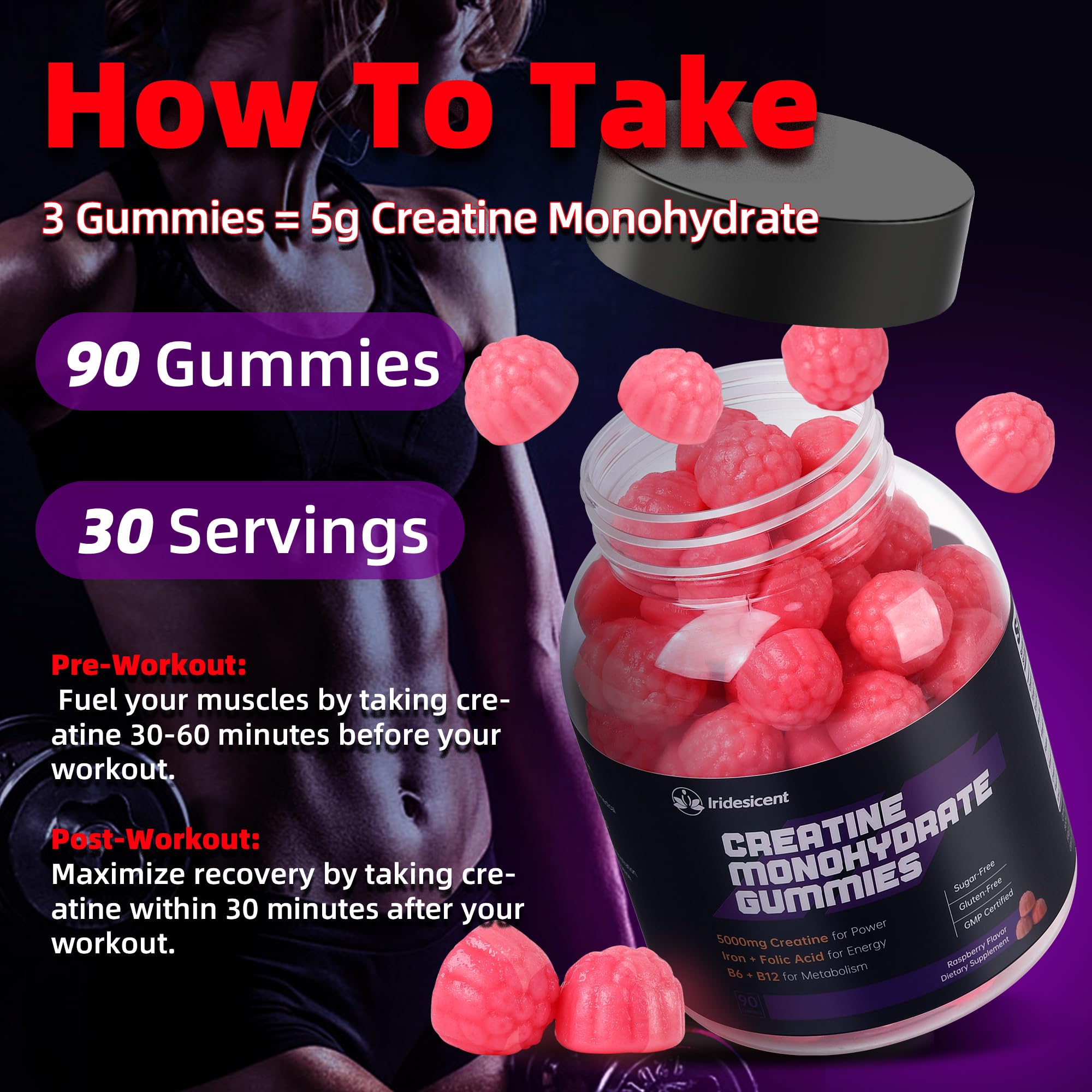 IRIDESICENT Creatine Gummies displayed with workout gear