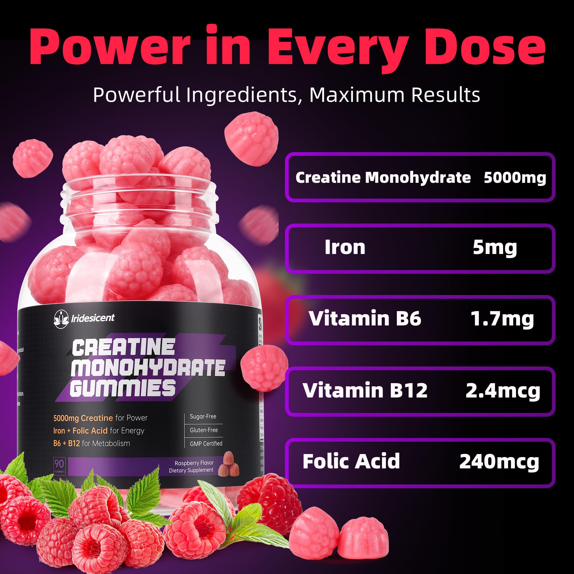 IRIDESICENT Creatine Gummies raspberry flavour gummies close-up