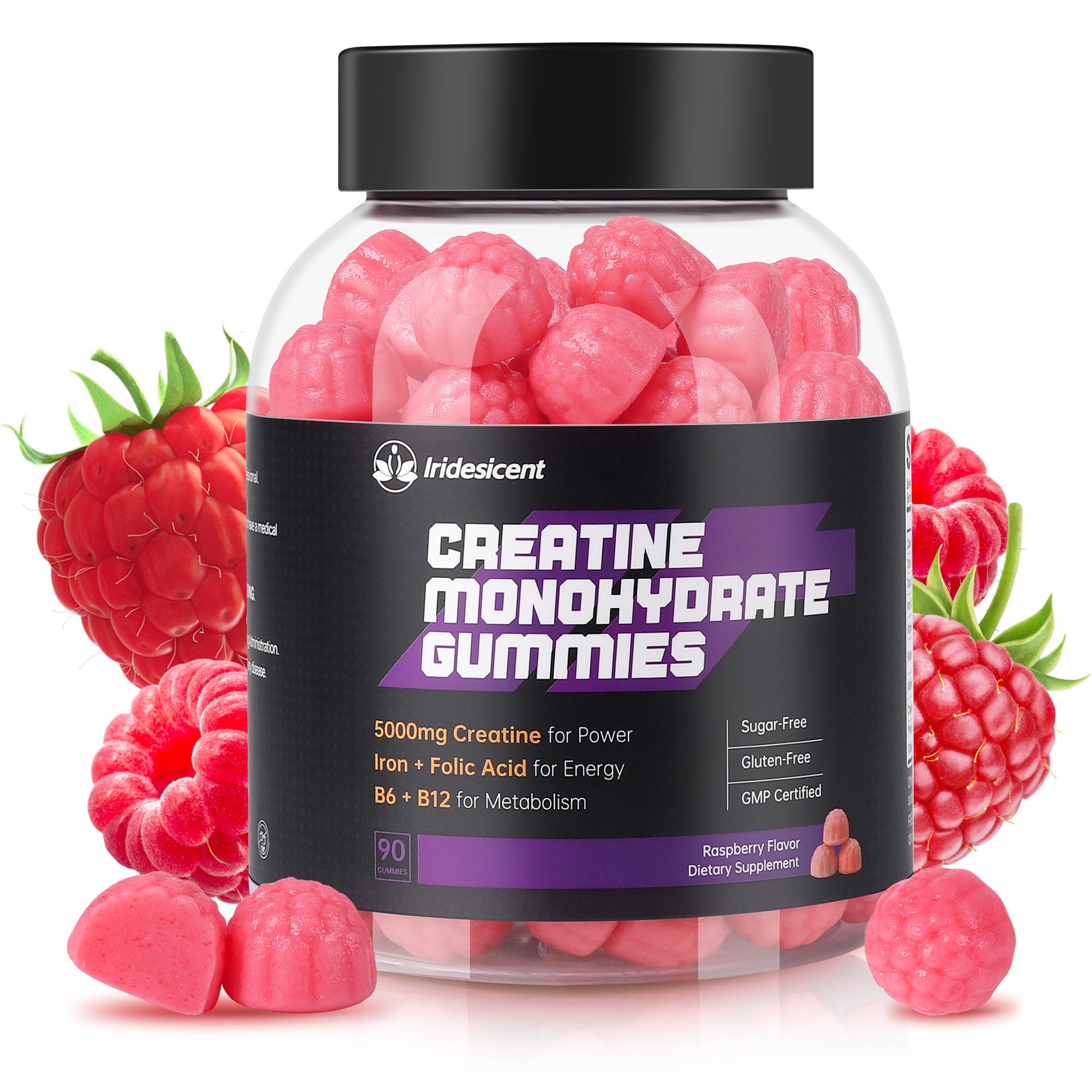 IRIDESICENT Creatine Gummies raspberry flavour on a table
