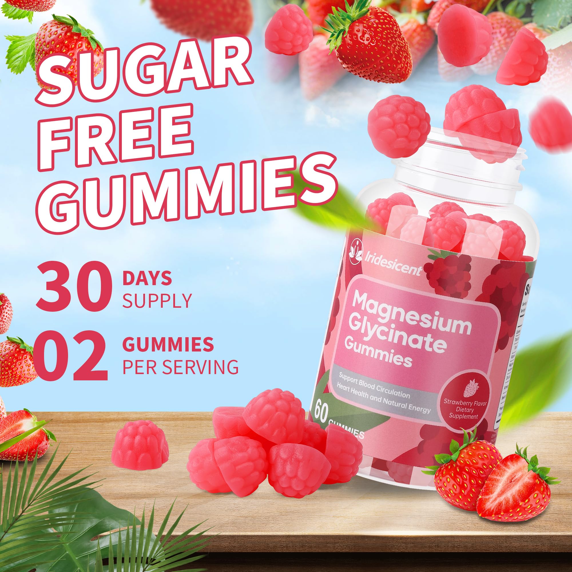 IRIDESICENT Magnesium Glycinate Gummies with fresh strawberries