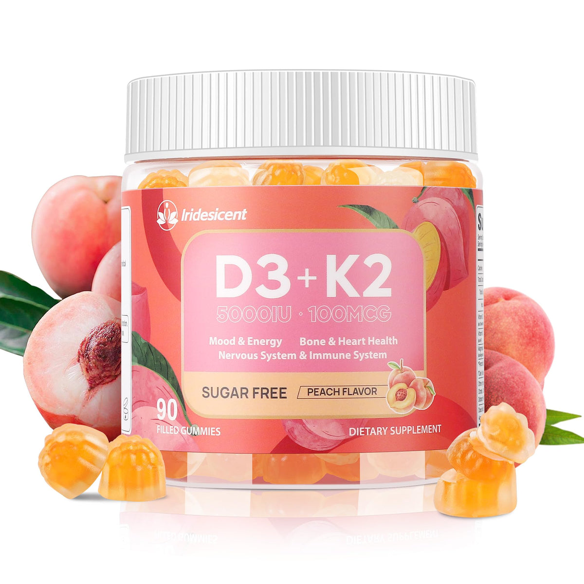 IRIDESICENT Vitamin D3 K2 gummies bottle front view with lychee flavour