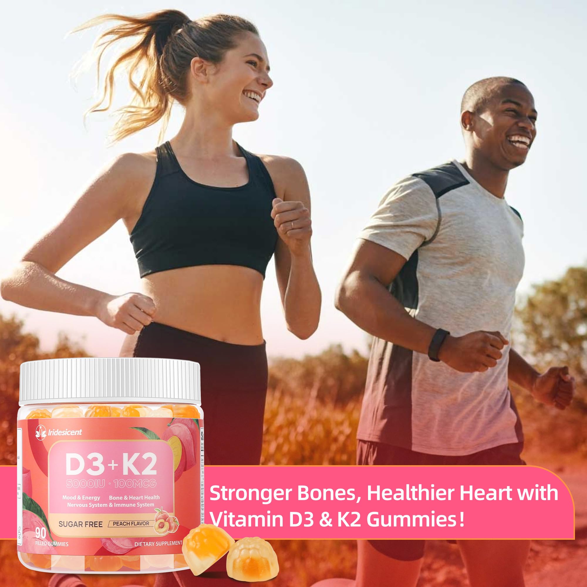 IRIDESICENT Vitamin D3 K2 gummies on a kitchen counter