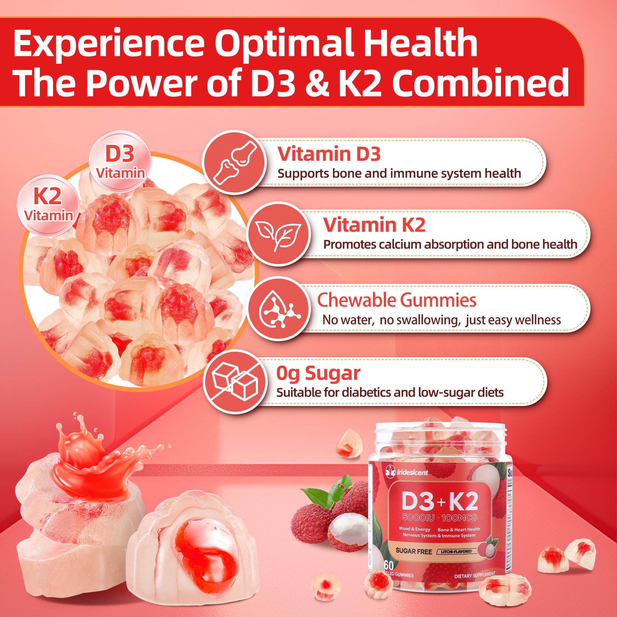 IRIDESICENT Vitamin D3 K2 Gummies on a wooden table