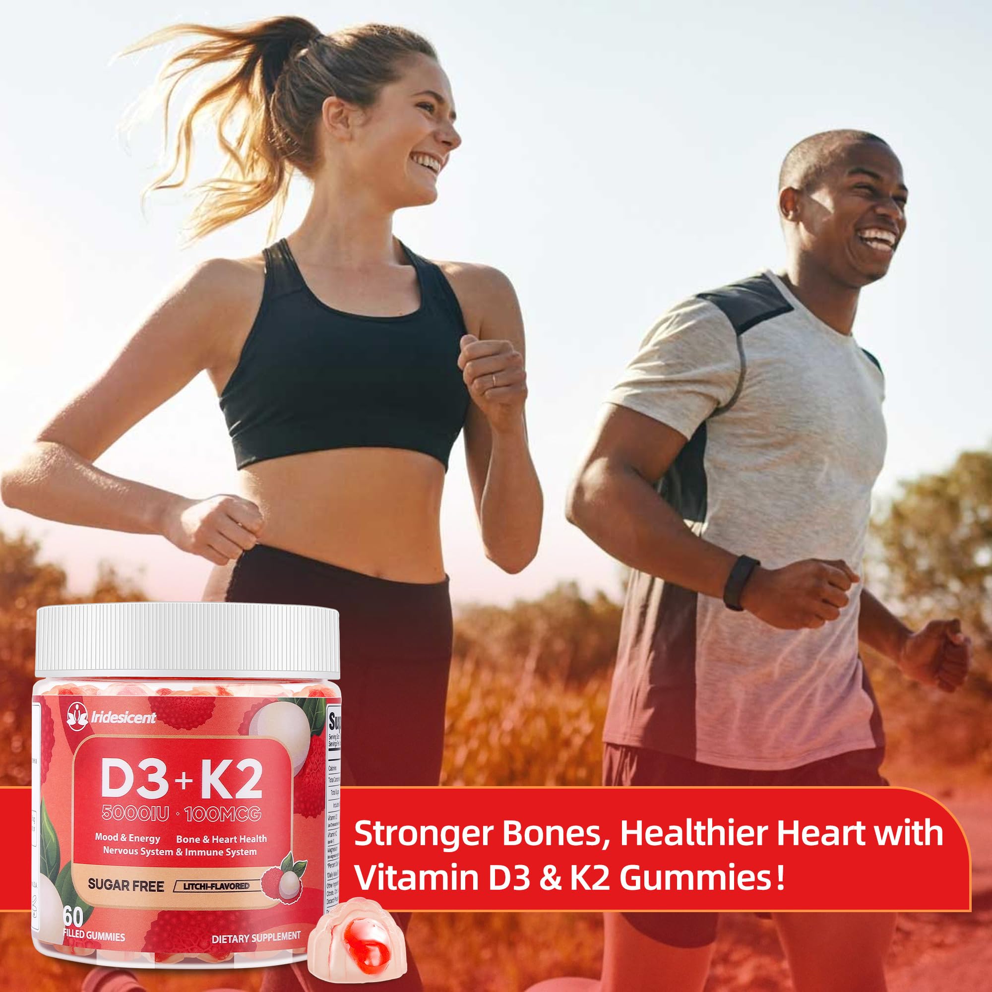 IRIDESICENT Vitamin D3 K2 Gummies with fresh lychee fruit