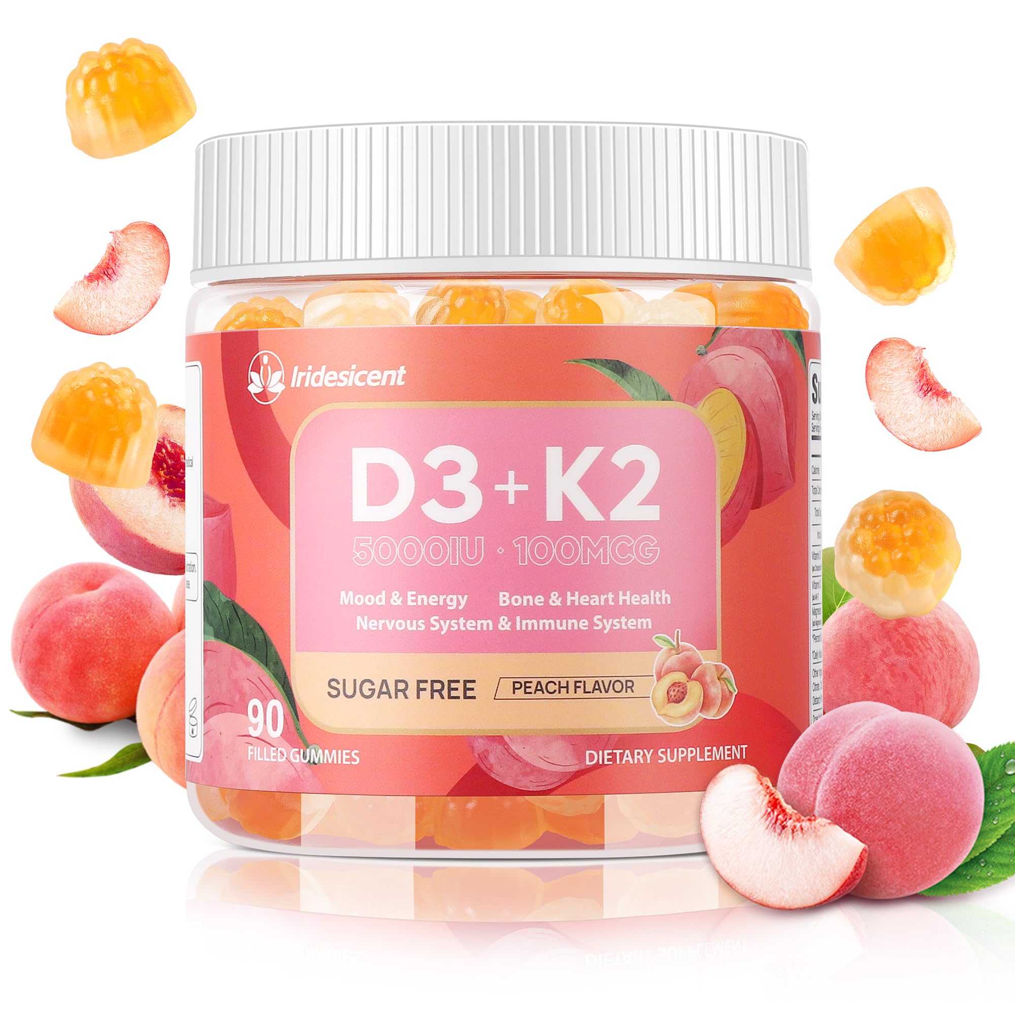 IRIDESICENT Vitamin D3 K2 gummies with fresh lychee fruit
