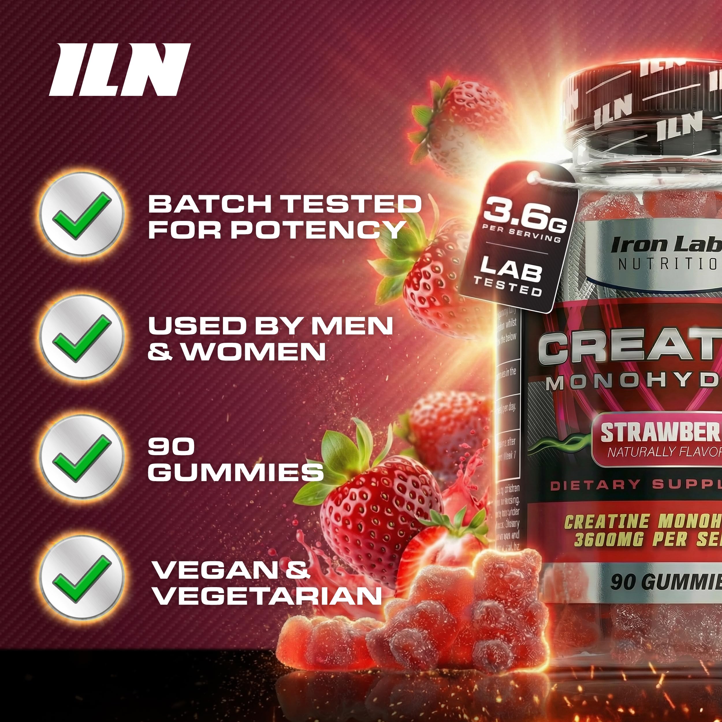 Iron Labs Nutrition Creatine Monohydrate Gummies side view of tub