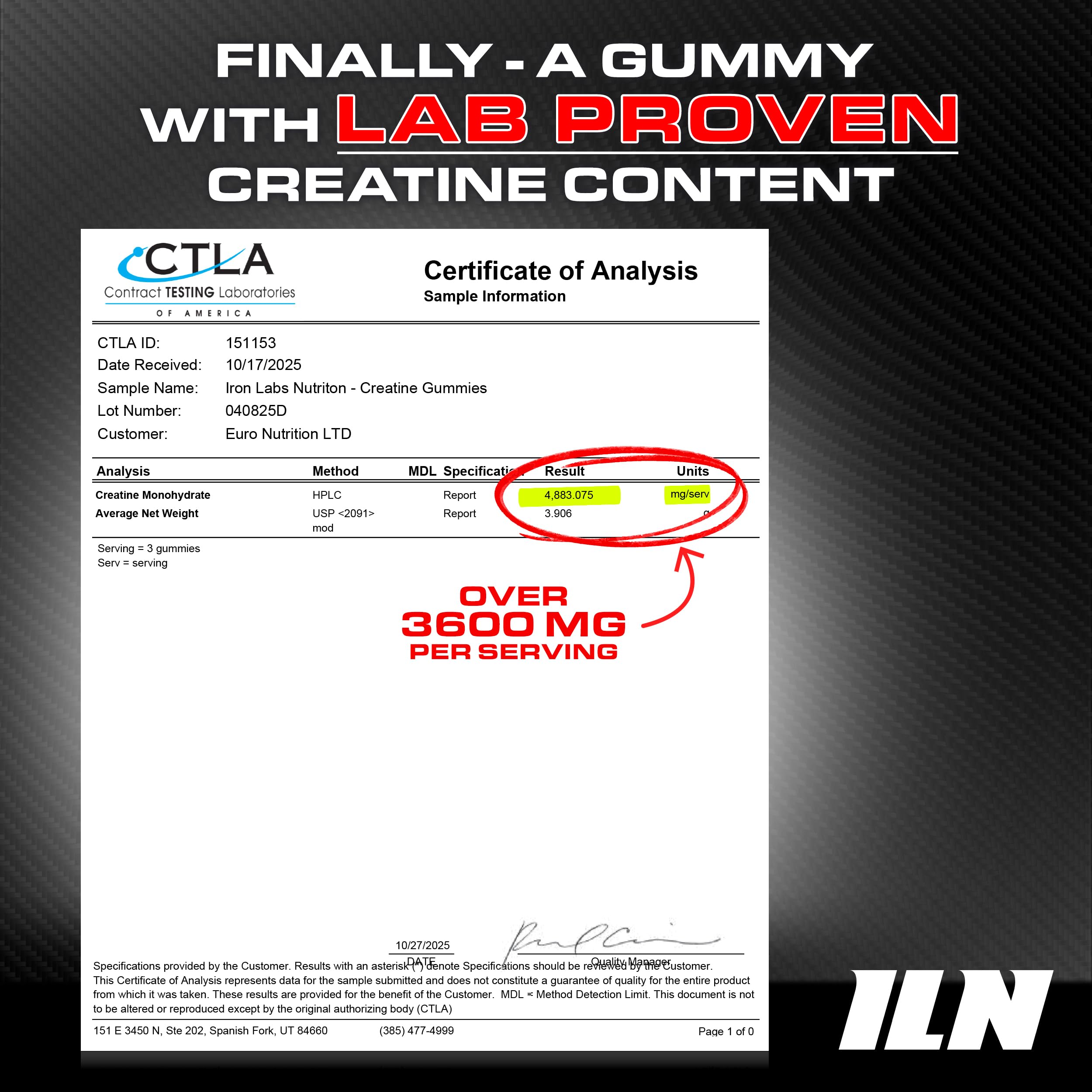 Iron Labs Nutrition Creatine Monohydrate Gummies three gummies on a table