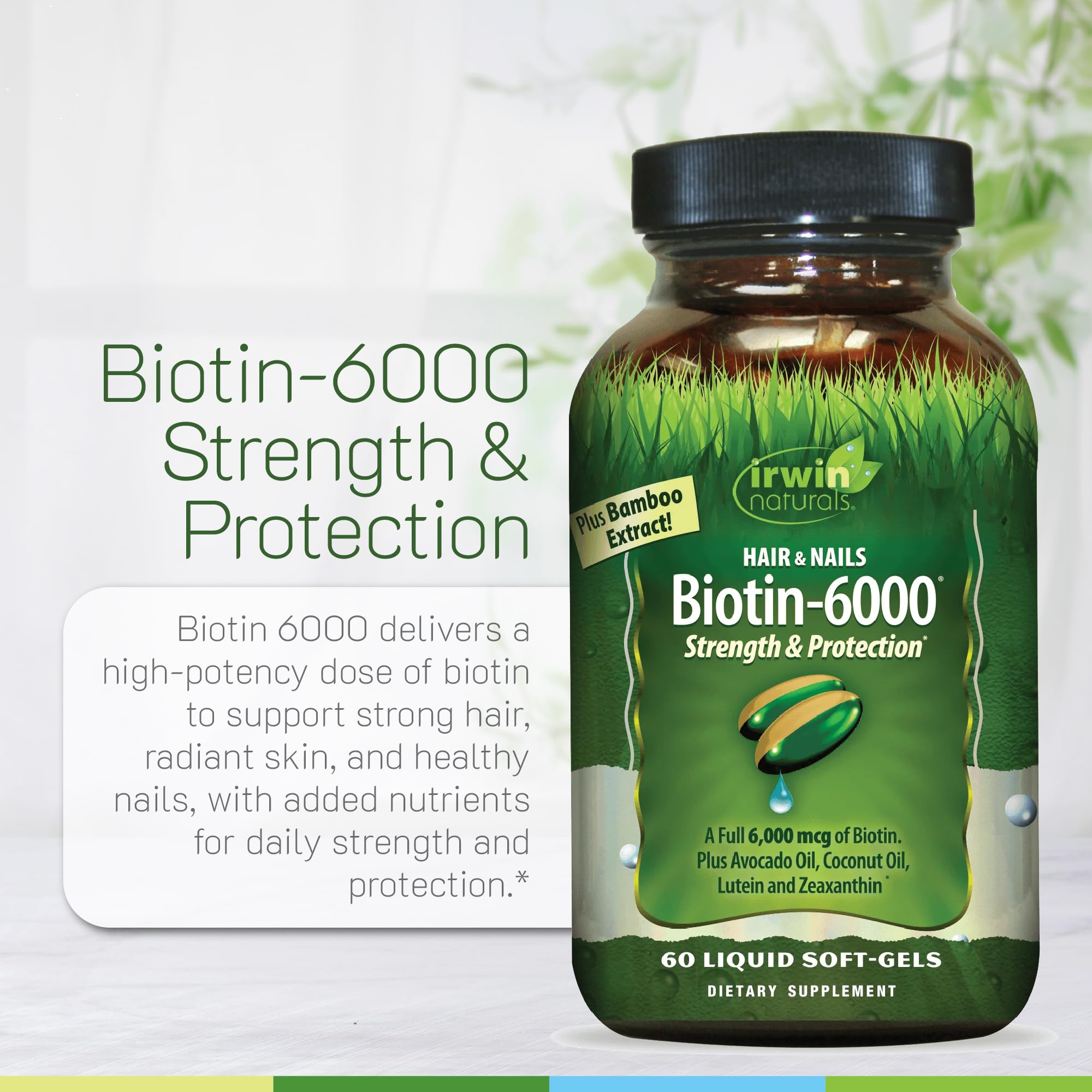 Irwin Naturals Biotin-6000 supplement on a wooden table
