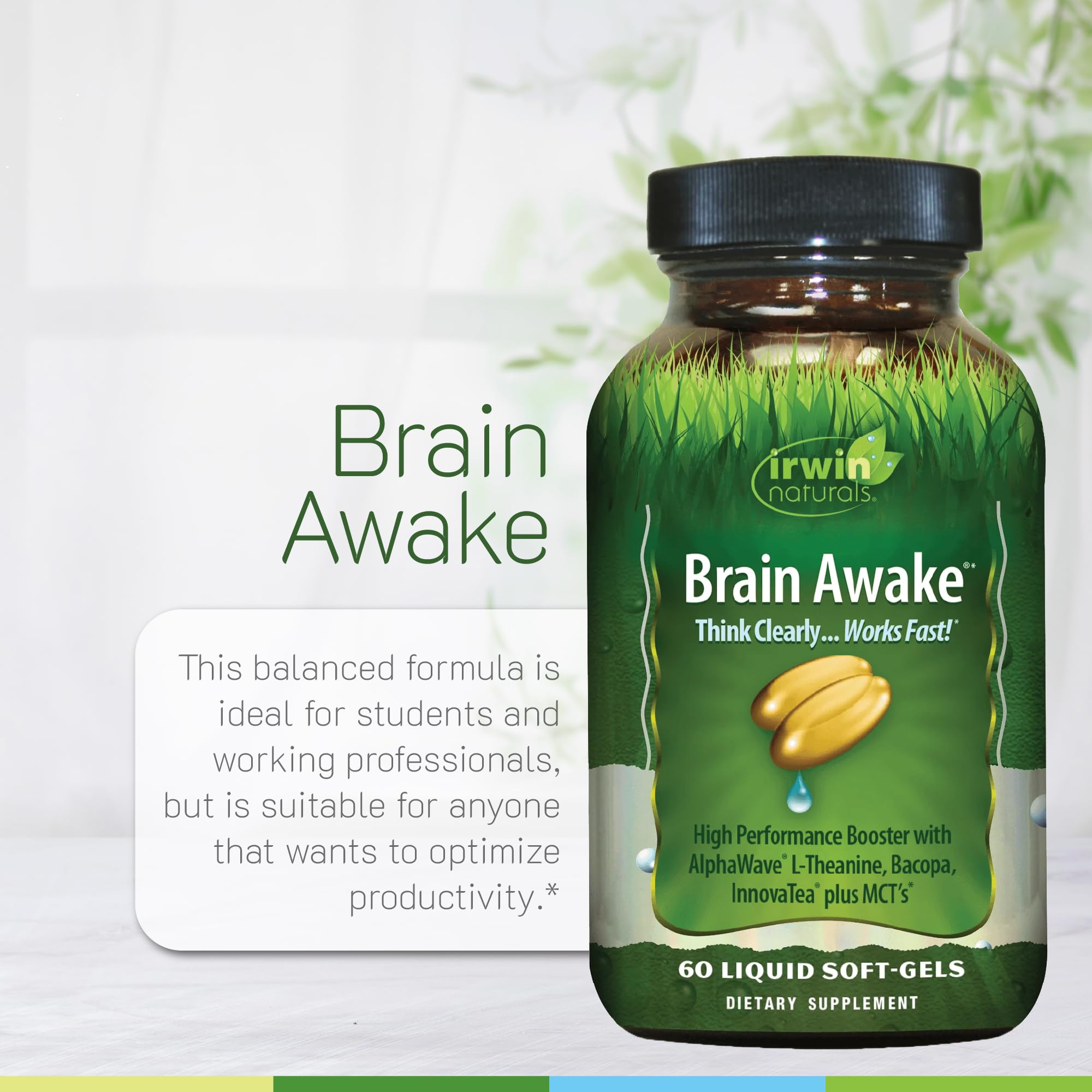 Irwin Naturals Brain Awake supplement displayed with a measuring spoon