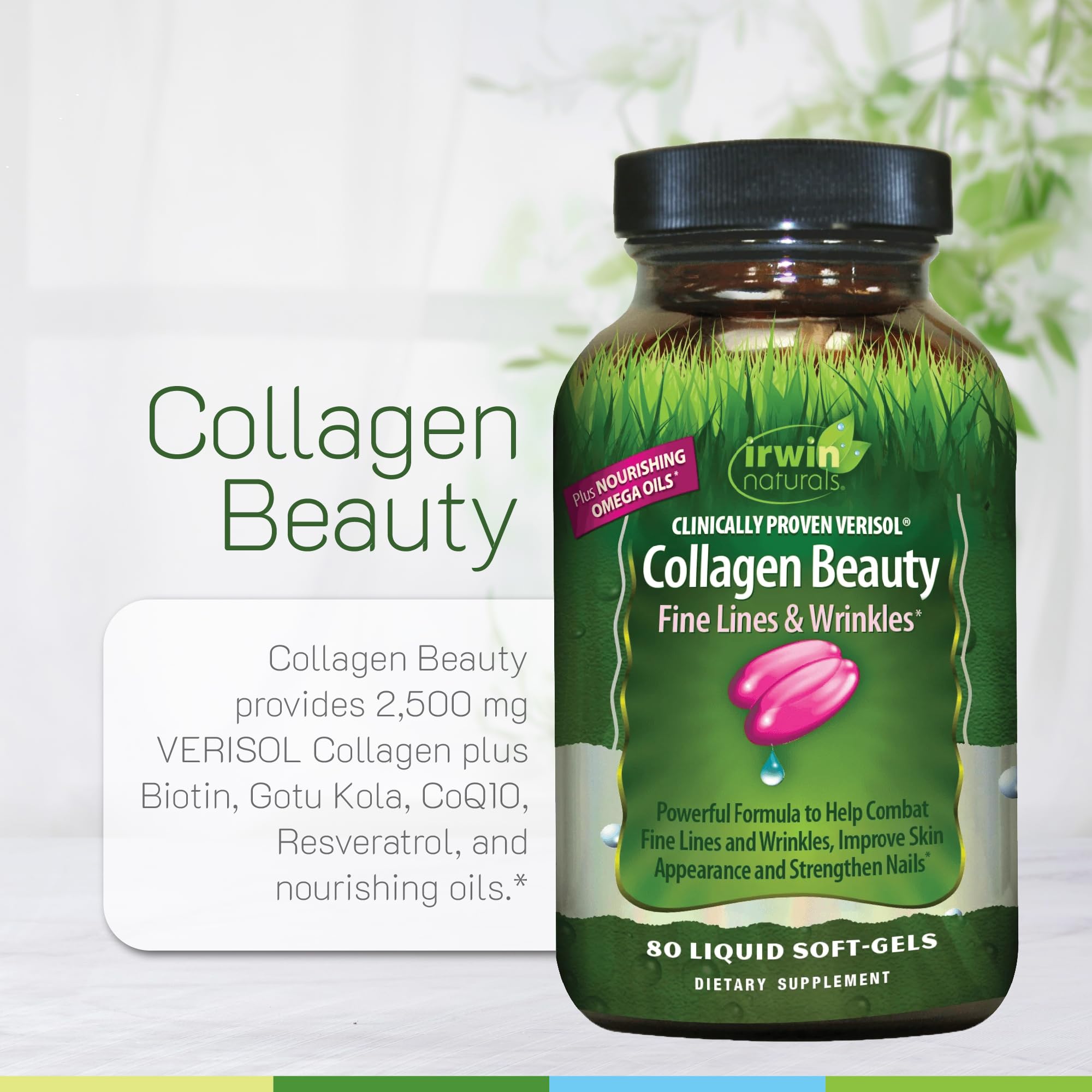 Irwin Naturals Collagen Beauty 2500mg soft-gels on a wooden table