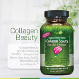 Irwin Naturals Collagen Beauty 2500mg soft-gels on a wooden table
