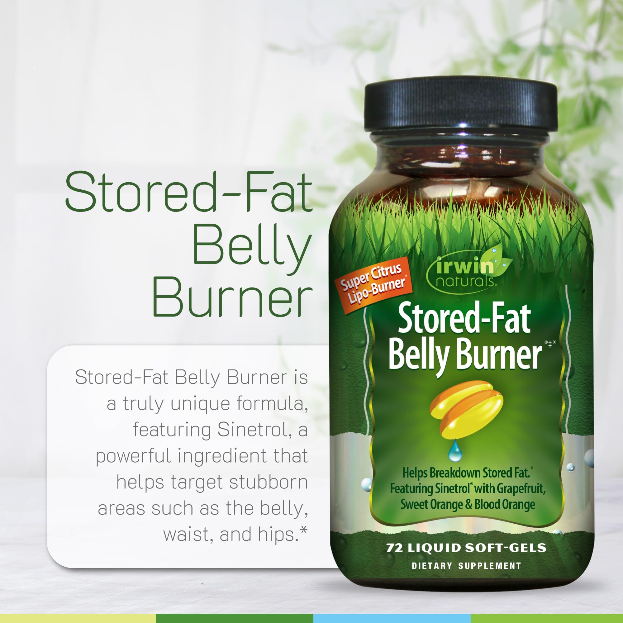Irwin Naturals Fat Burner with Sinetrol soft-gels on a wooden table
