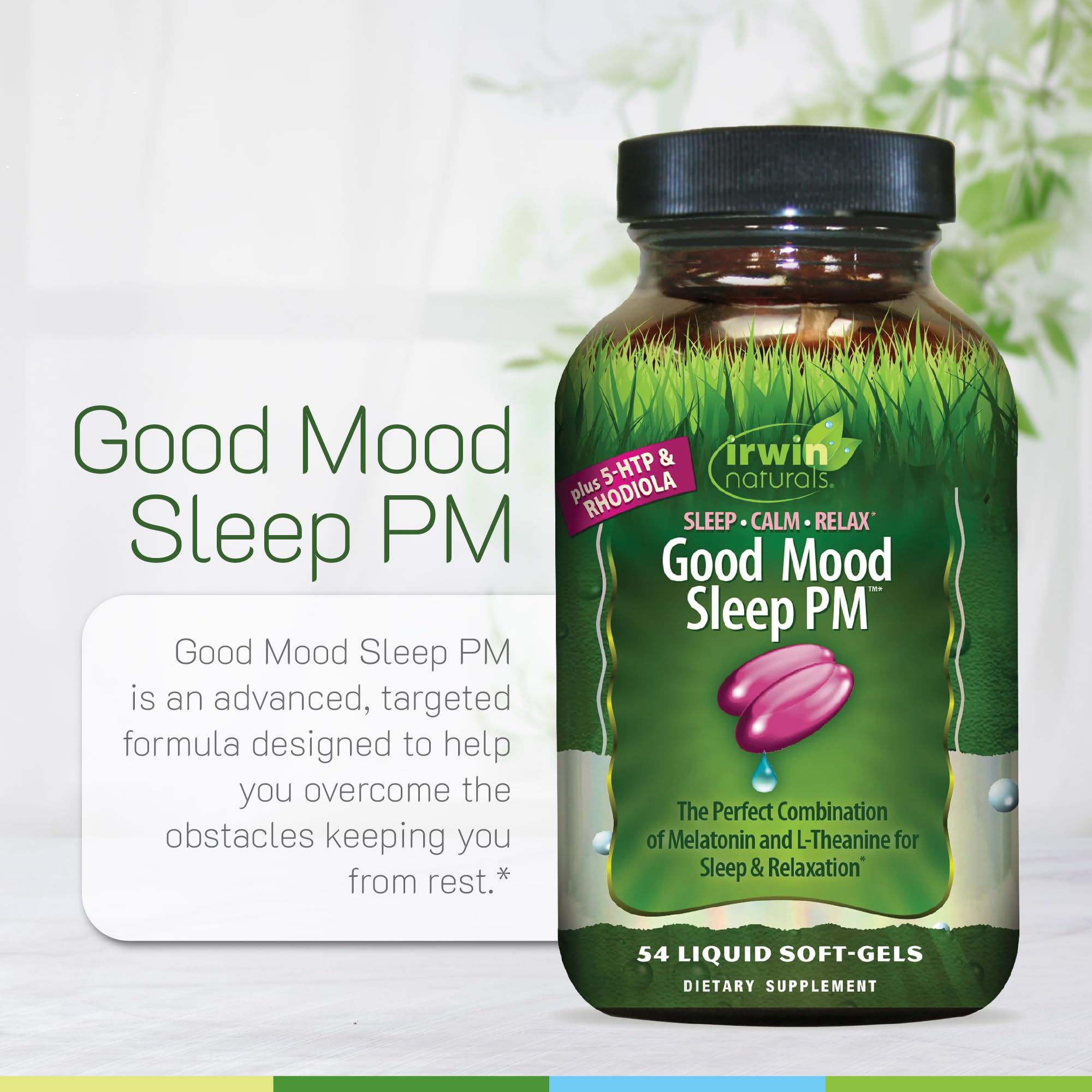 Irwin Naturals Good Mood Sleep PM Melatonin softgels on a table