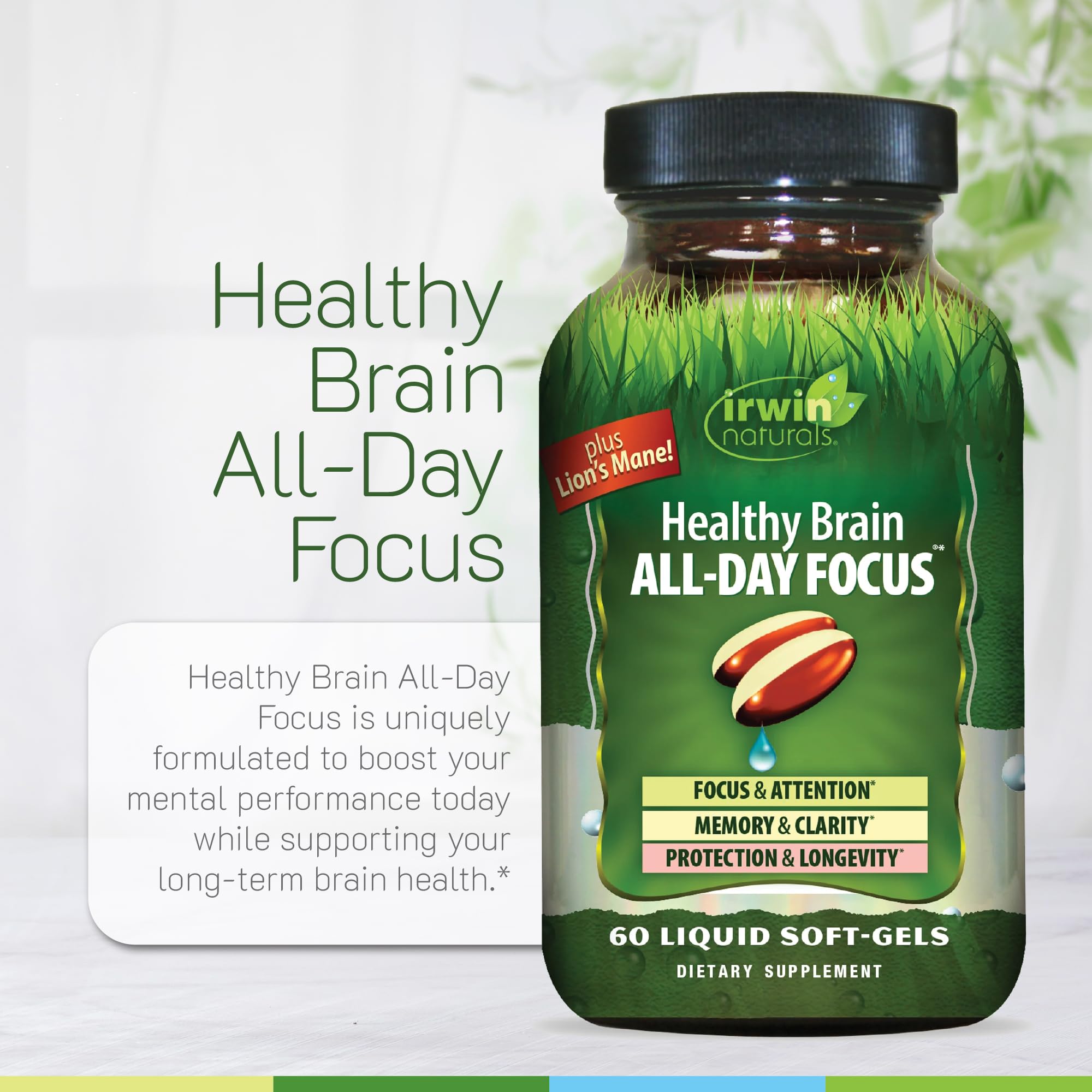 Irwin Naturals Healthy Brain All-Day Focus 60 Liquid Soft-Gels on a table
